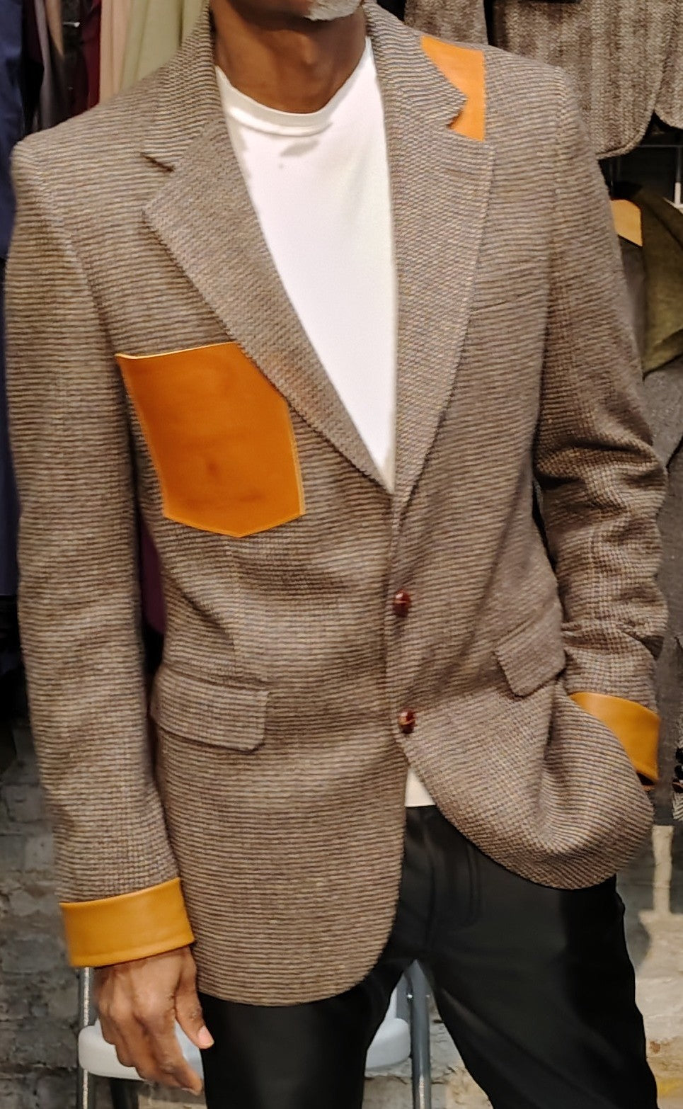 Beige tweed blazer, wool jacket, tweed jacket, Mens, Tweed, leather cuffs, leather patch pocket, repurposed, one of a kind. Designed by Wendel Johnston