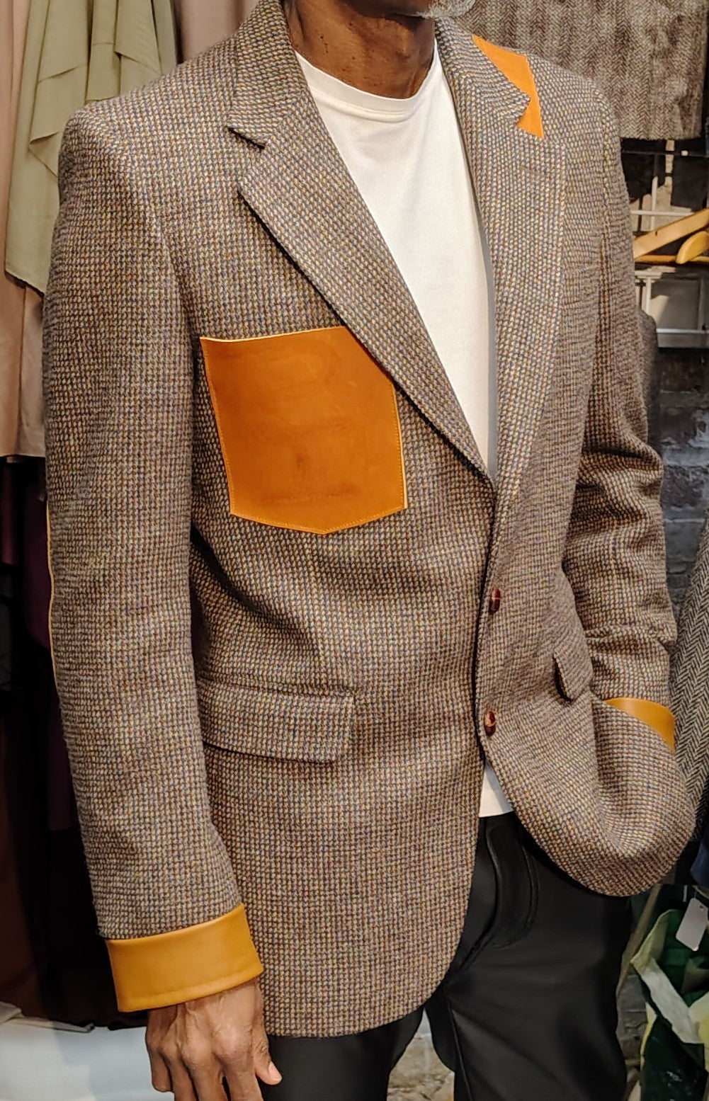 Beige tweed blazer, wool jacket, tweed jacket, Mens, Tweed, leather cuffs, leather patch pocket, repurposed, one of a kind. Designed by Wendel Johnston