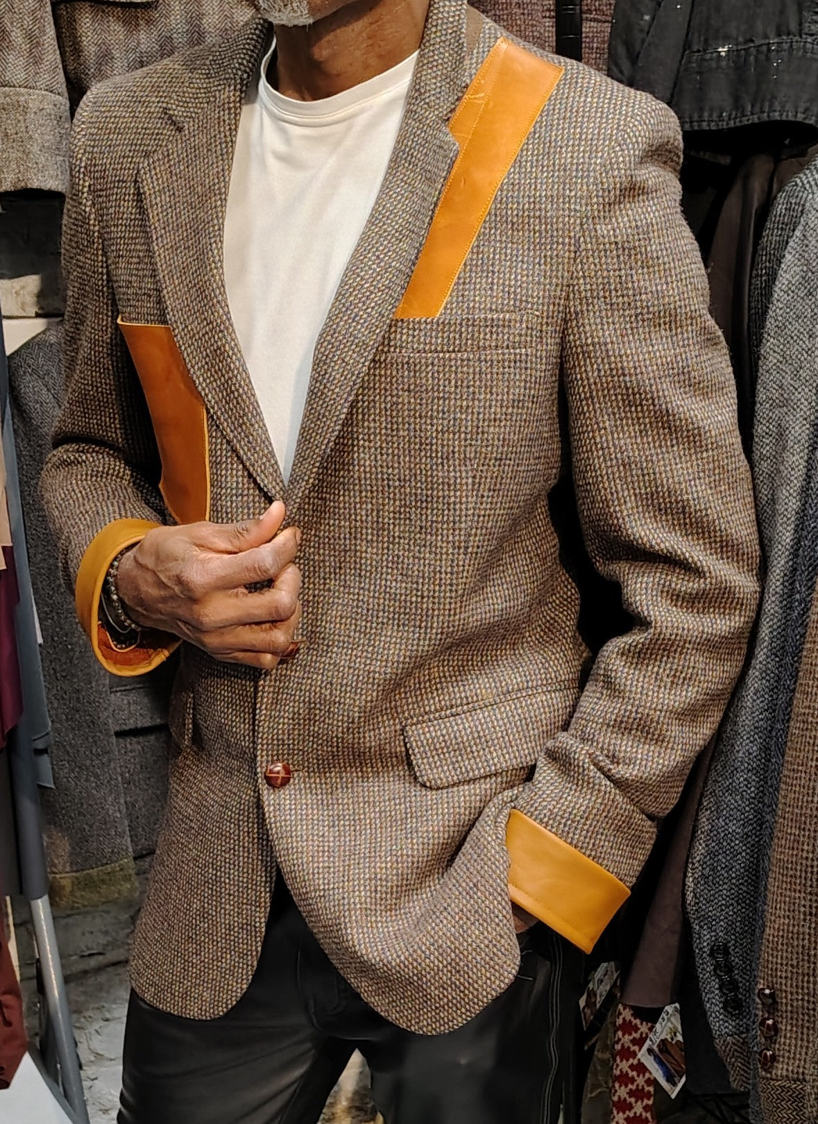 Beige tweed blazer, wool jacket, tweed jacket, Mens, Tweed, leather cuffs, leather patch pocket, repurposed, one of a kind. Designed by Wendel Johnston