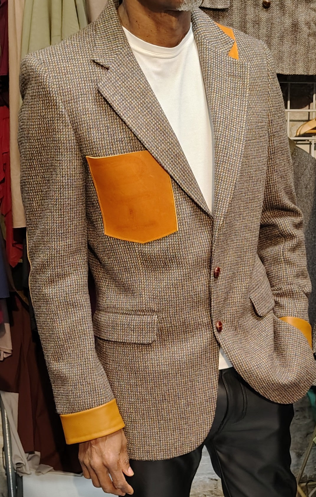 Beige tweed blazer, wool jacket, tweed jacket, Mens, Tweed, leather cuffs, leather patch pocket, repurposed, one of a kind. Designed by Wendel Johnston