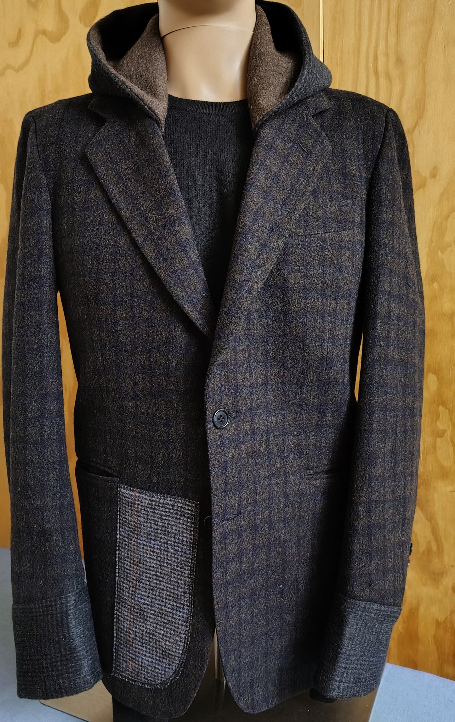 Dark Brown striped wool blazer with hood, Size 38 long wool jacket, wool jacket, Mens, wool cuffs, repurposed, one of a kind. Designed by Wendel Johnston