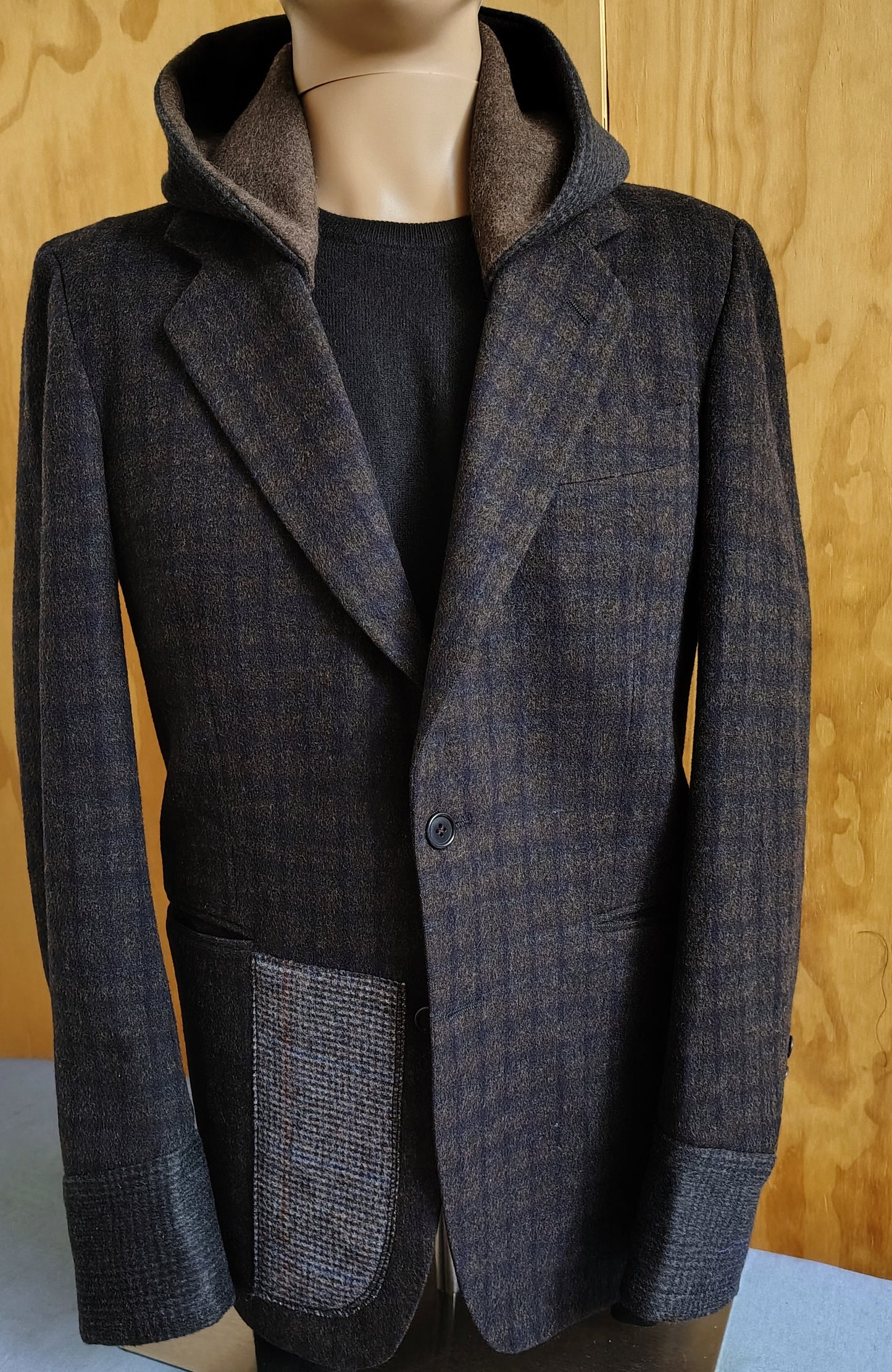 Dark Brown striped wool blazer with hood, Size 38 long wool jacket, wool jacket, Mens, wool cuffs, repurposed, one of a kind. Designed by Wendel Johnston