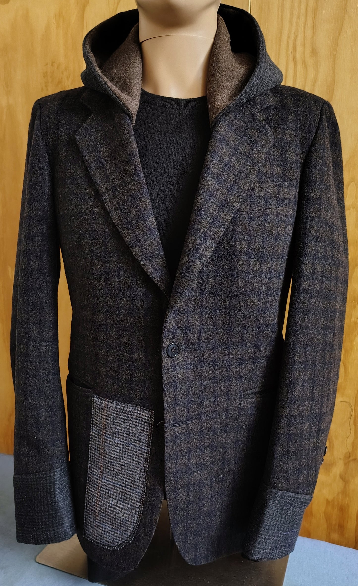 Dark Brown striped wool blazer with hood, Size 38 long wool jacket, wool jacket, Mens, wool cuffs, repurposed, one of a kind. Designed by Wendel Johnston