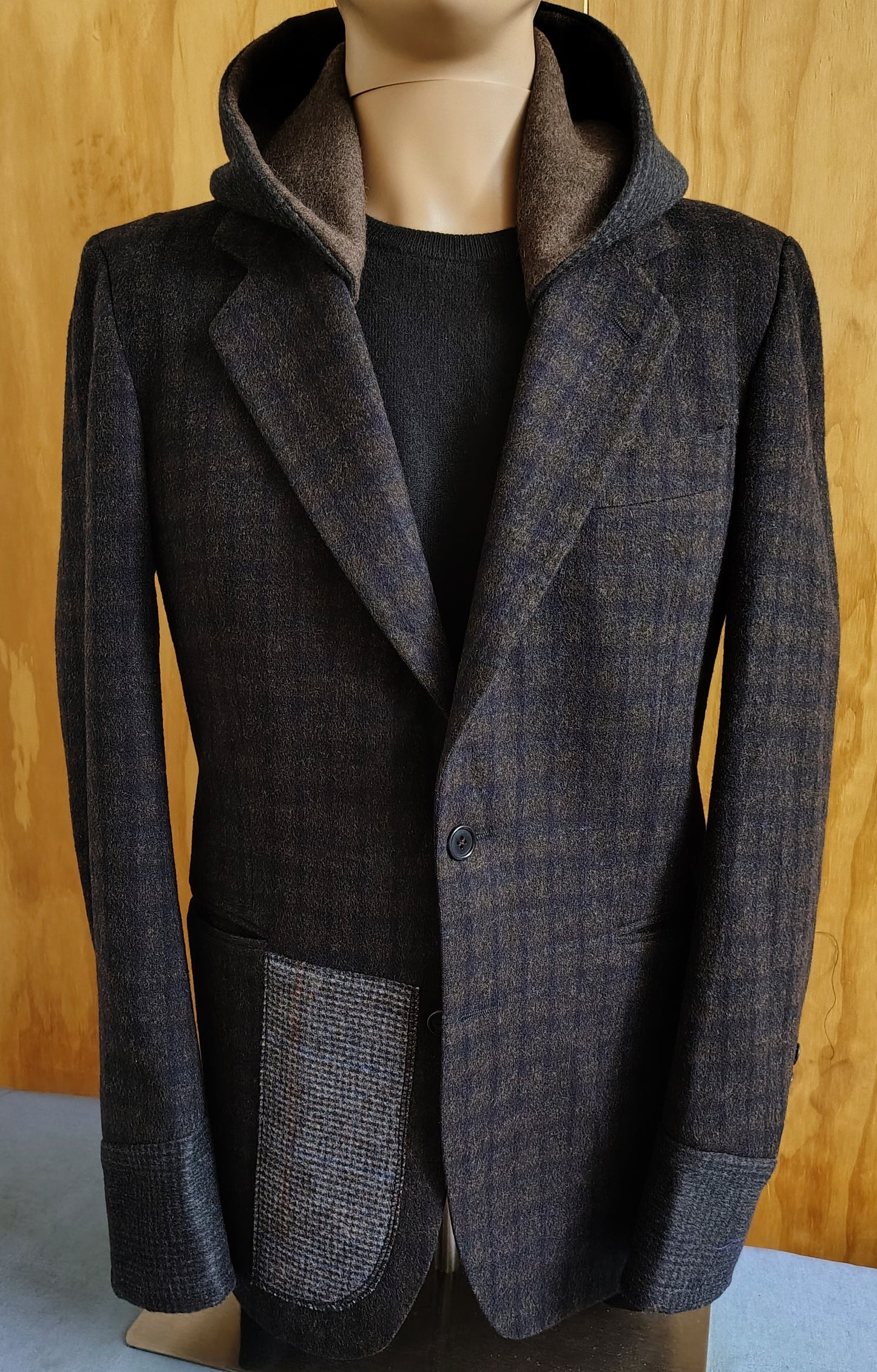 Dark Brown striped wool blazer with hood, Size 38 long wool jacket, wool jacket, Mens, wool cuffs, repurposed, one of a kind. Designed by Wendel Johnston