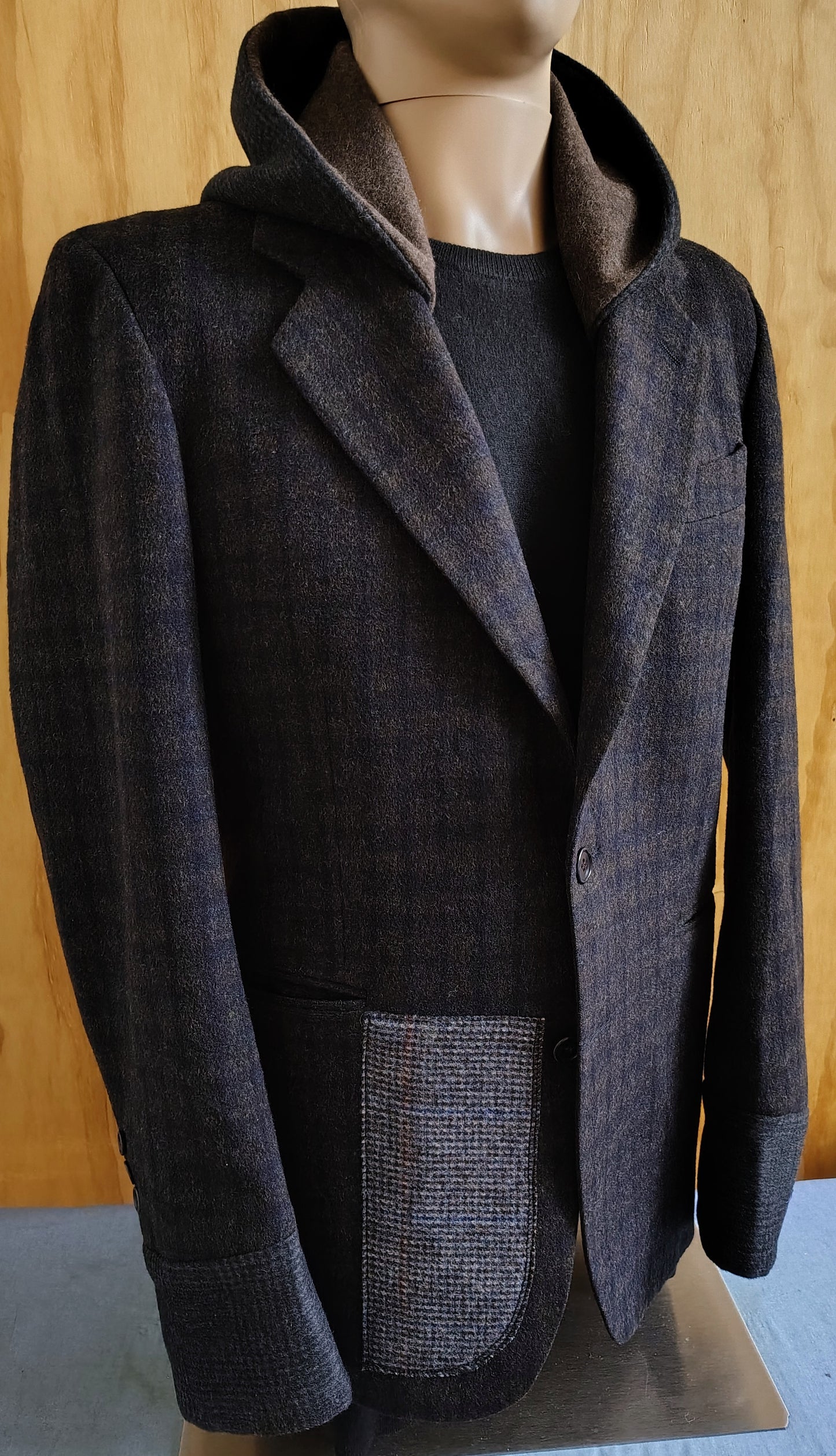 Dark Brown striped wool blazer with hood, Size 38 long wool jacket, wool jacket, Mens, wool cuffs, repurposed, one of a kind. Designed by Wendel Johnston