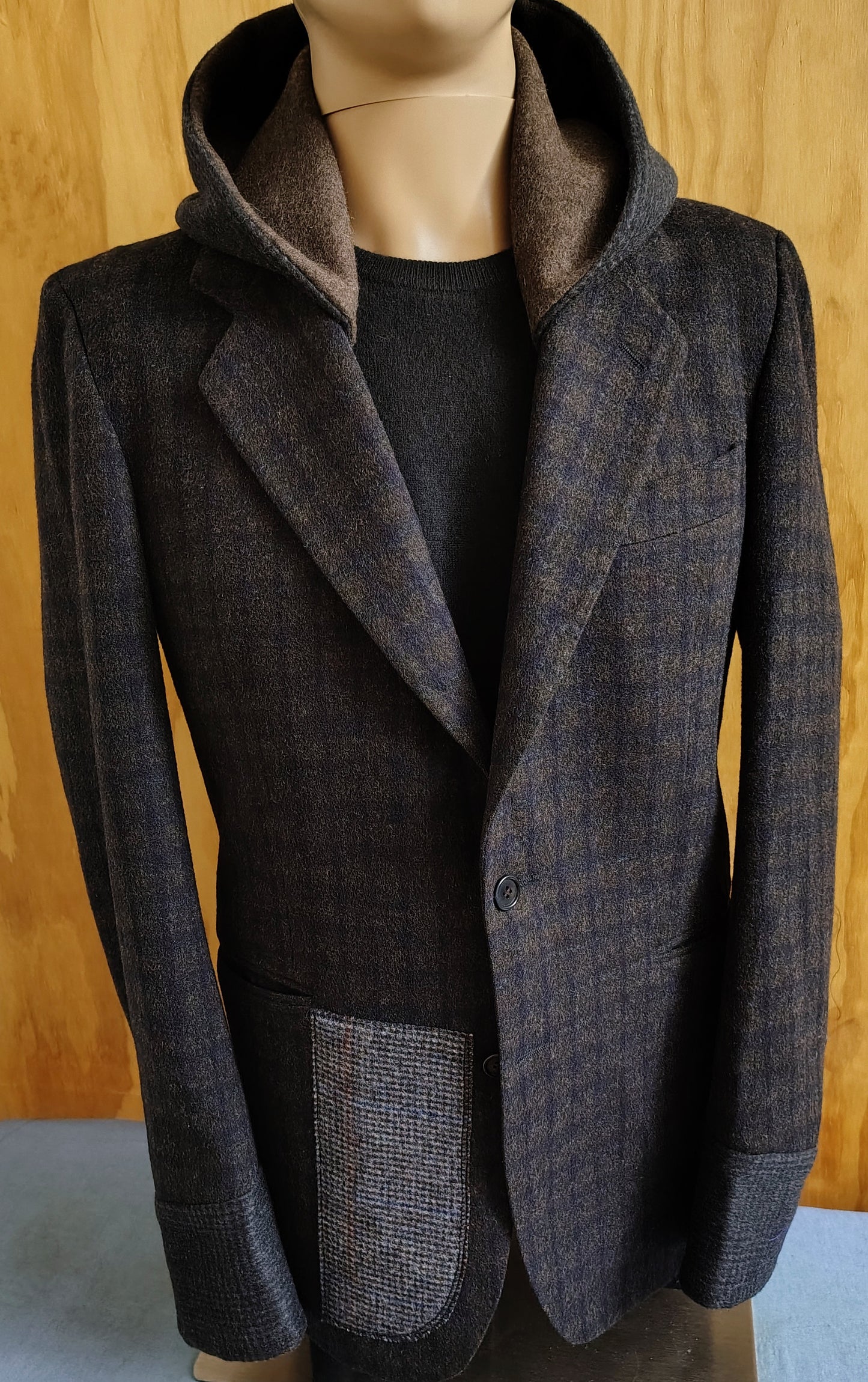 Dark Brown striped wool blazer with hood, Size 38 long wool jacket, wool jacket, Mens, wool cuffs, repurposed, one of a kind. Designed by Wendel Johnston
