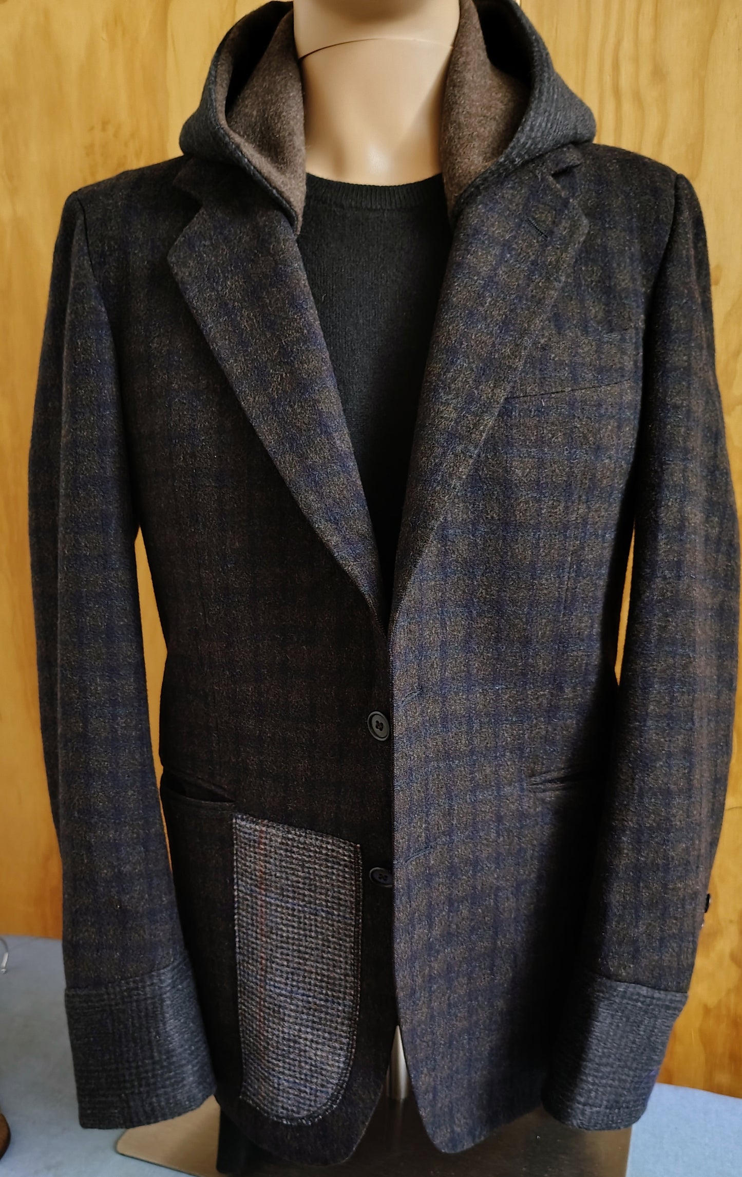 Brown plaid wool blazer with hood, leather patched pocket. Size 37 long wool jacket, tweed jacket, Mens, Tweed, leather trimmed cuffs, repurposed, one of a kind. Designed by Wendel Johnston