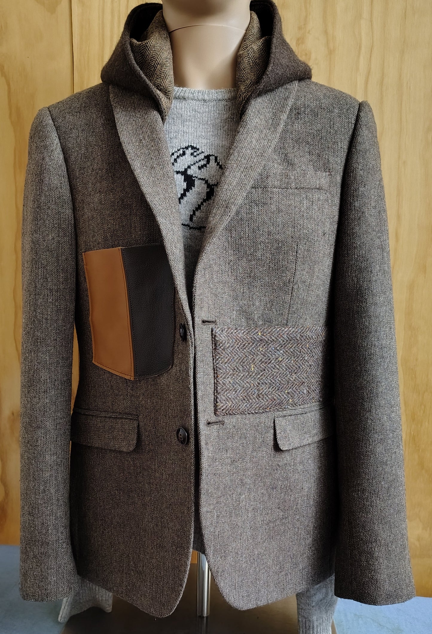 Taupe wool blazer with hood, Size 38 long wool jacket, wool jacket, leather pocket,Mens, repurposed, one of a kind. Designed by Wendel Johnston
