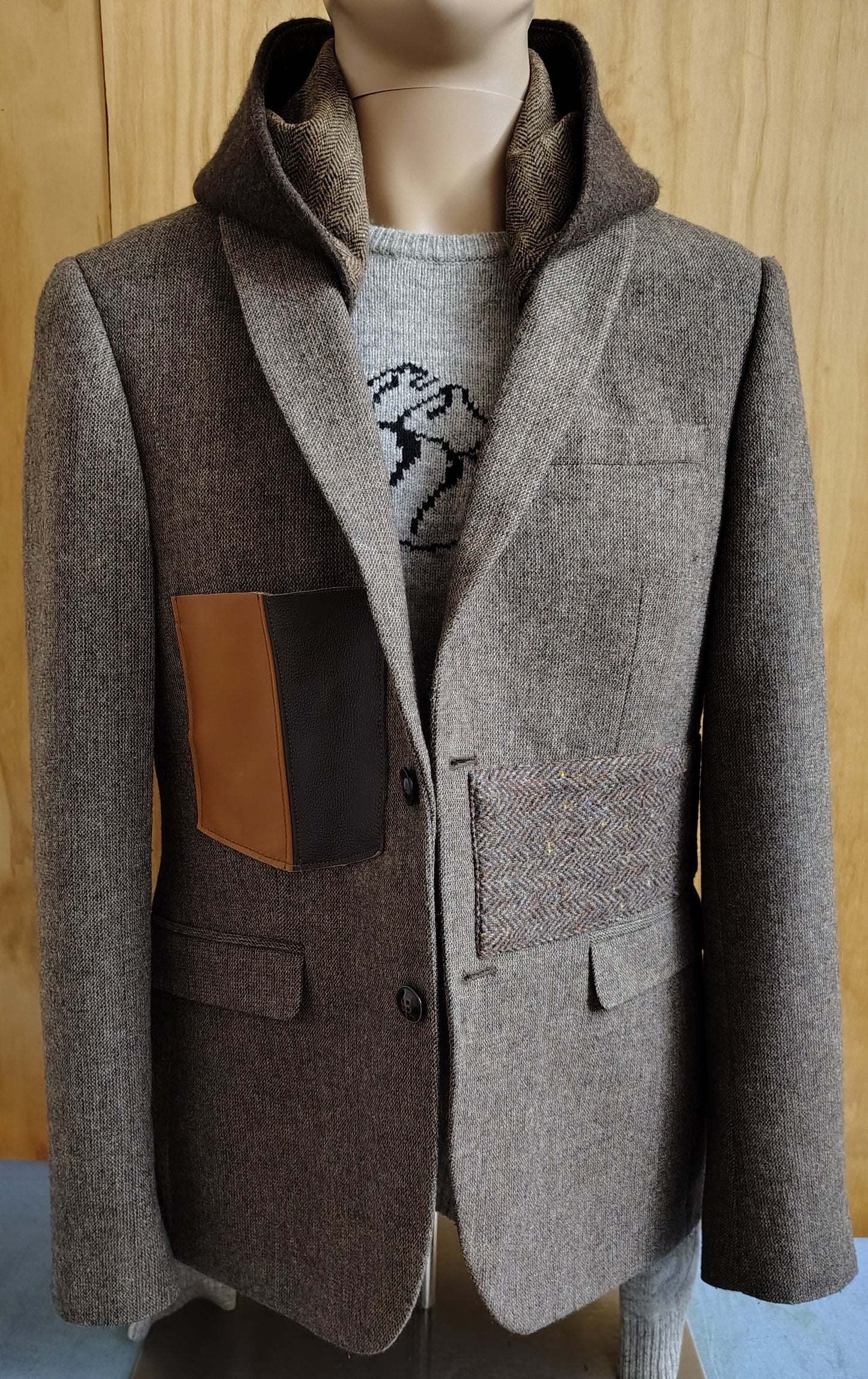 Taupe wool blazer with hood, Size 38 long wool jacket, wool jacket, leather pocket,Mens, repurposed, one of a kind. Designed by Wendel Johnston