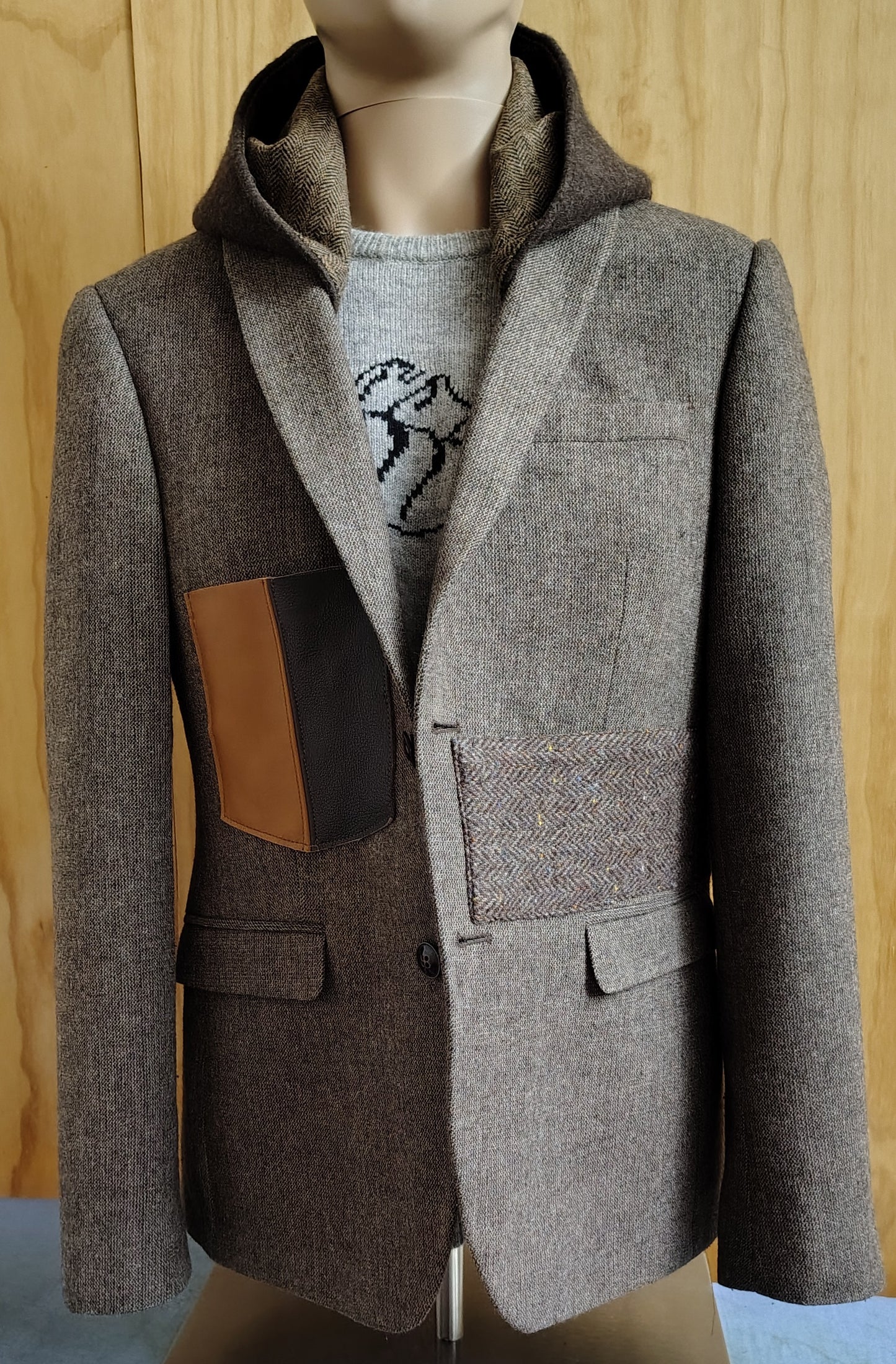 Taupe wool blazer with hood, Size 38 long wool jacket, wool jacket, leather pocket,Mens, repurposed, one of a kind. Designed by Wendel Johnston