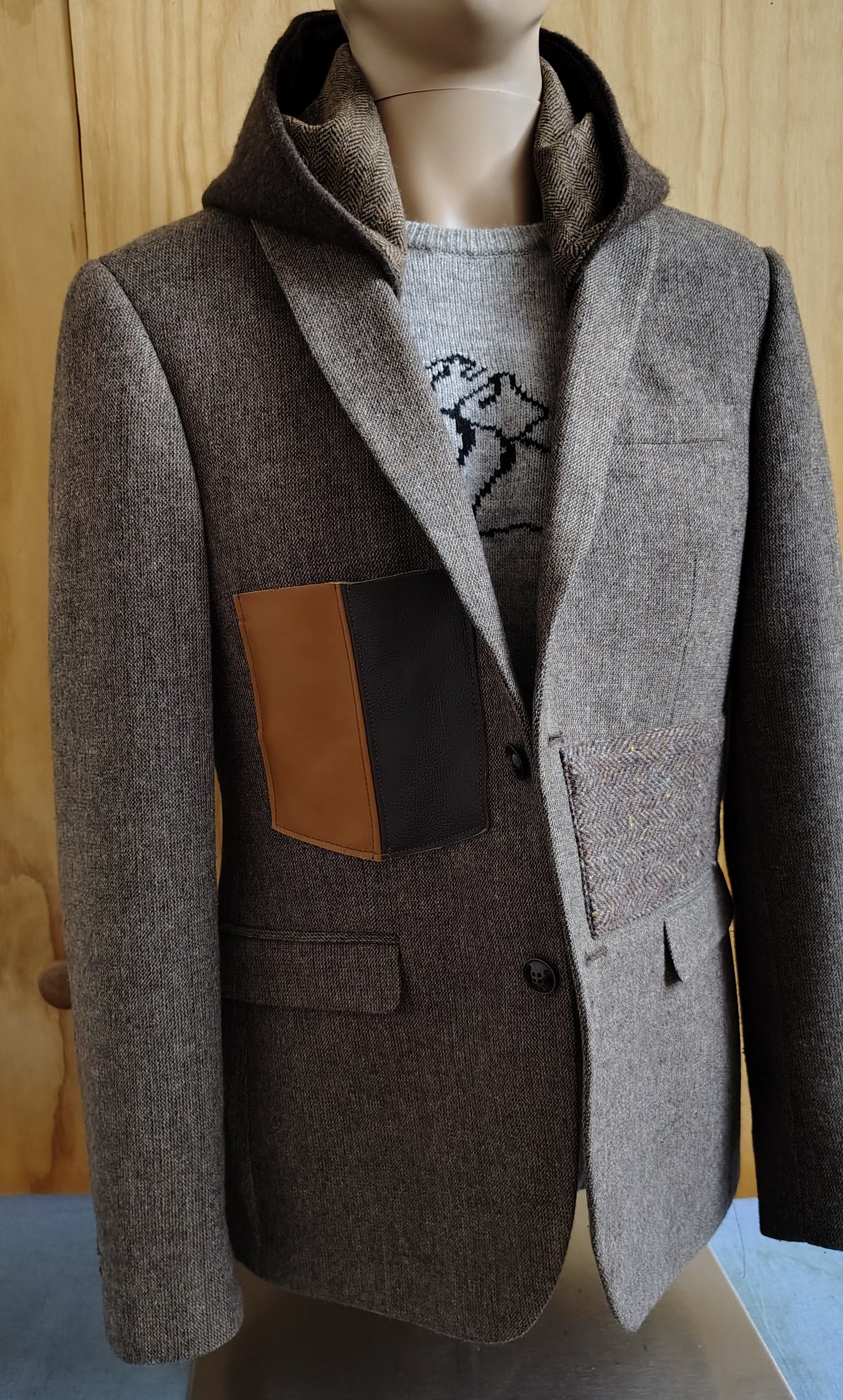 Taupe wool blazer with hood, Size 38 long wool jacket, wool jacket, leather pocket,Mens, repurposed, one of a kind. Designed by Wendel Johnston