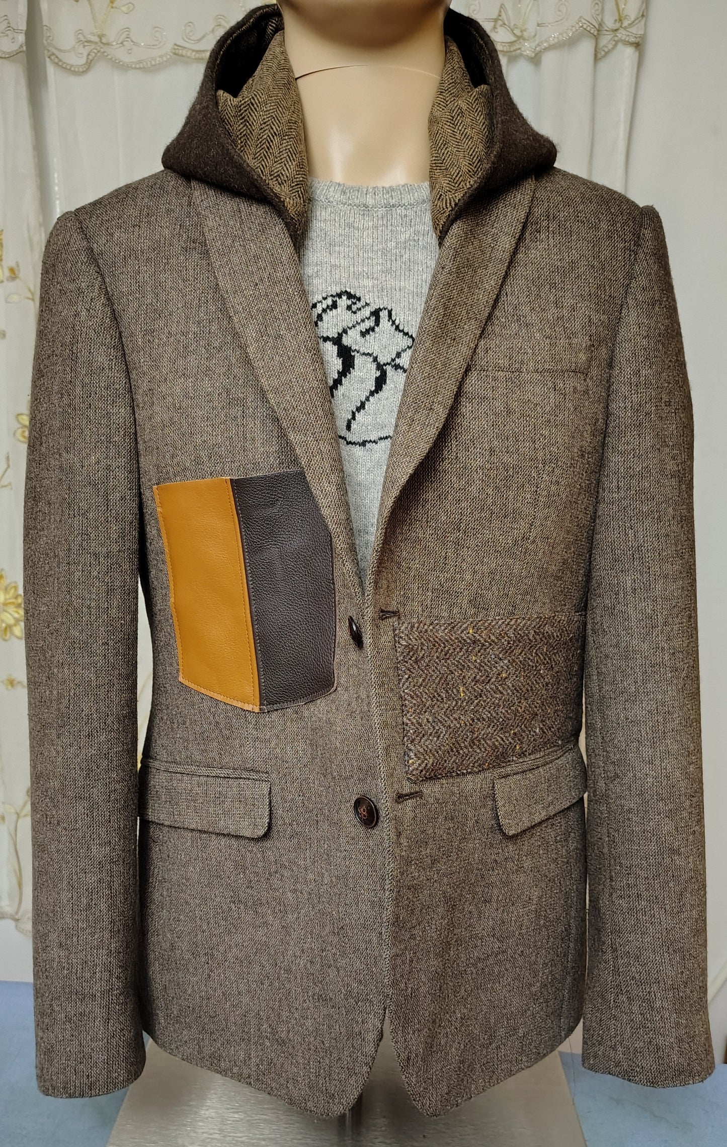 Taupe wool blazer with hood, Size 38 long wool jacket, wool jacket, leather pocket,Mens, repurposed, one of a kind. Designed by Wendel Johnston