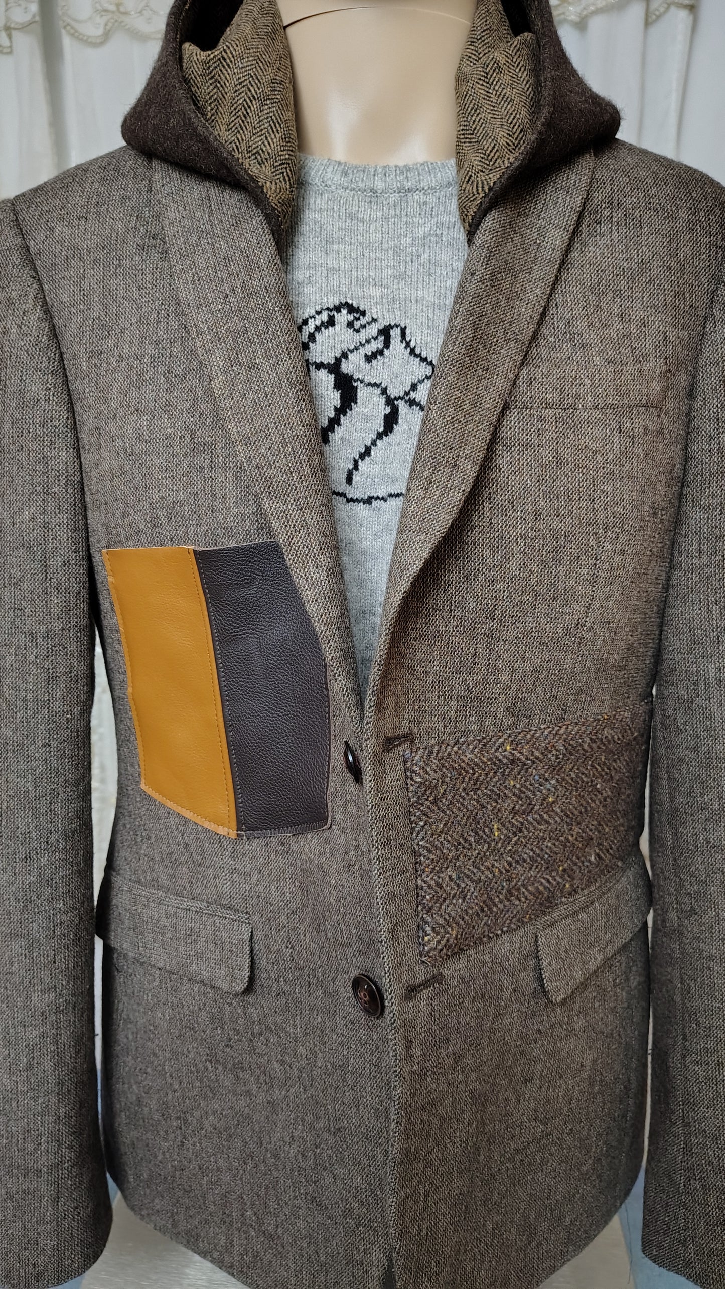 Taupe wool blazer with hood, Size 38 long wool jacket, wool jacket, leather pocket,Mens, repurposed, one of a kind. Designed by Wendel Johnston