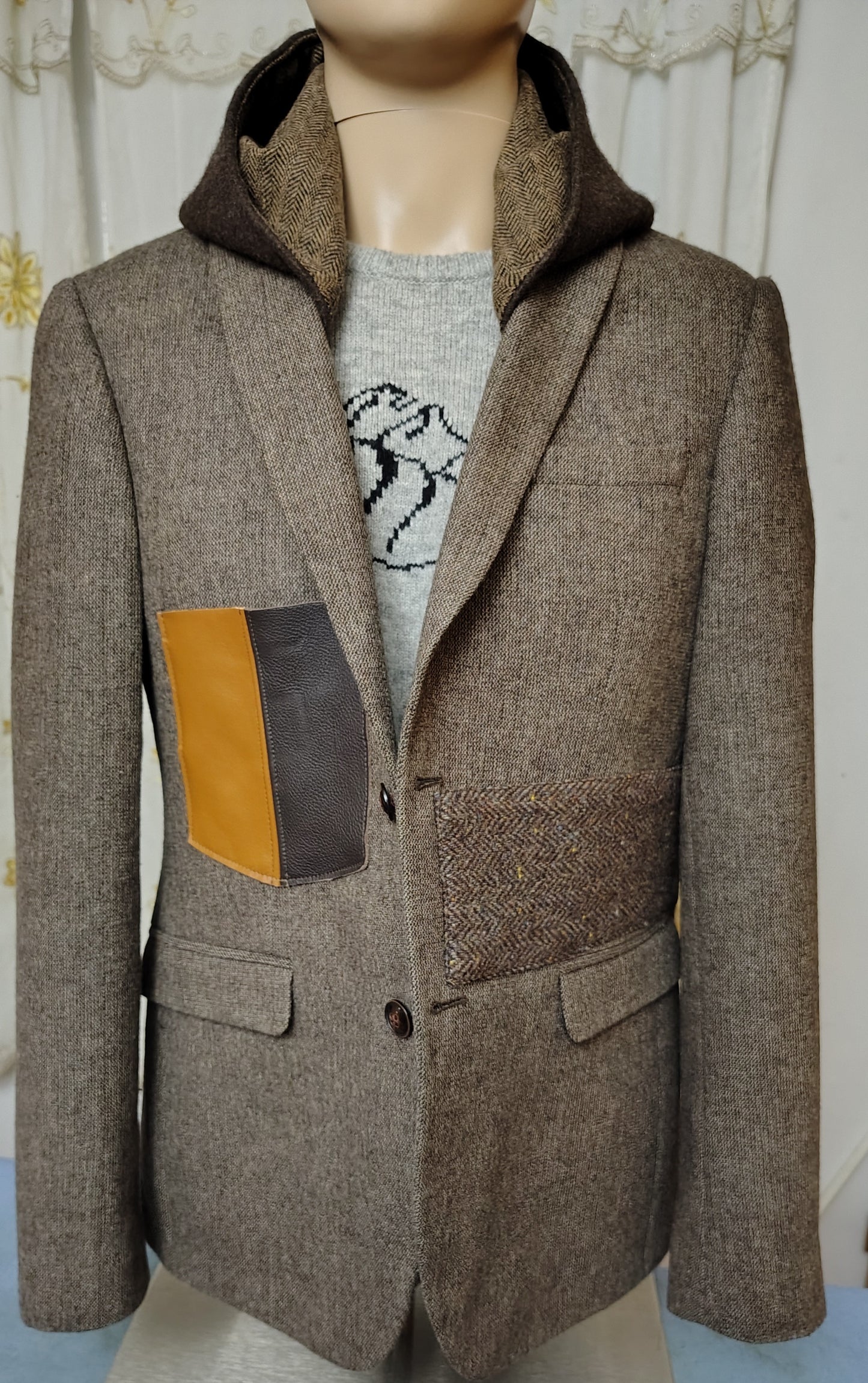 Taupe wool blazer with hood, Size 38 long wool jacket, wool jacket, leather pocket,Mens, repurposed, one of a kind. Designed by Wendel Johnston