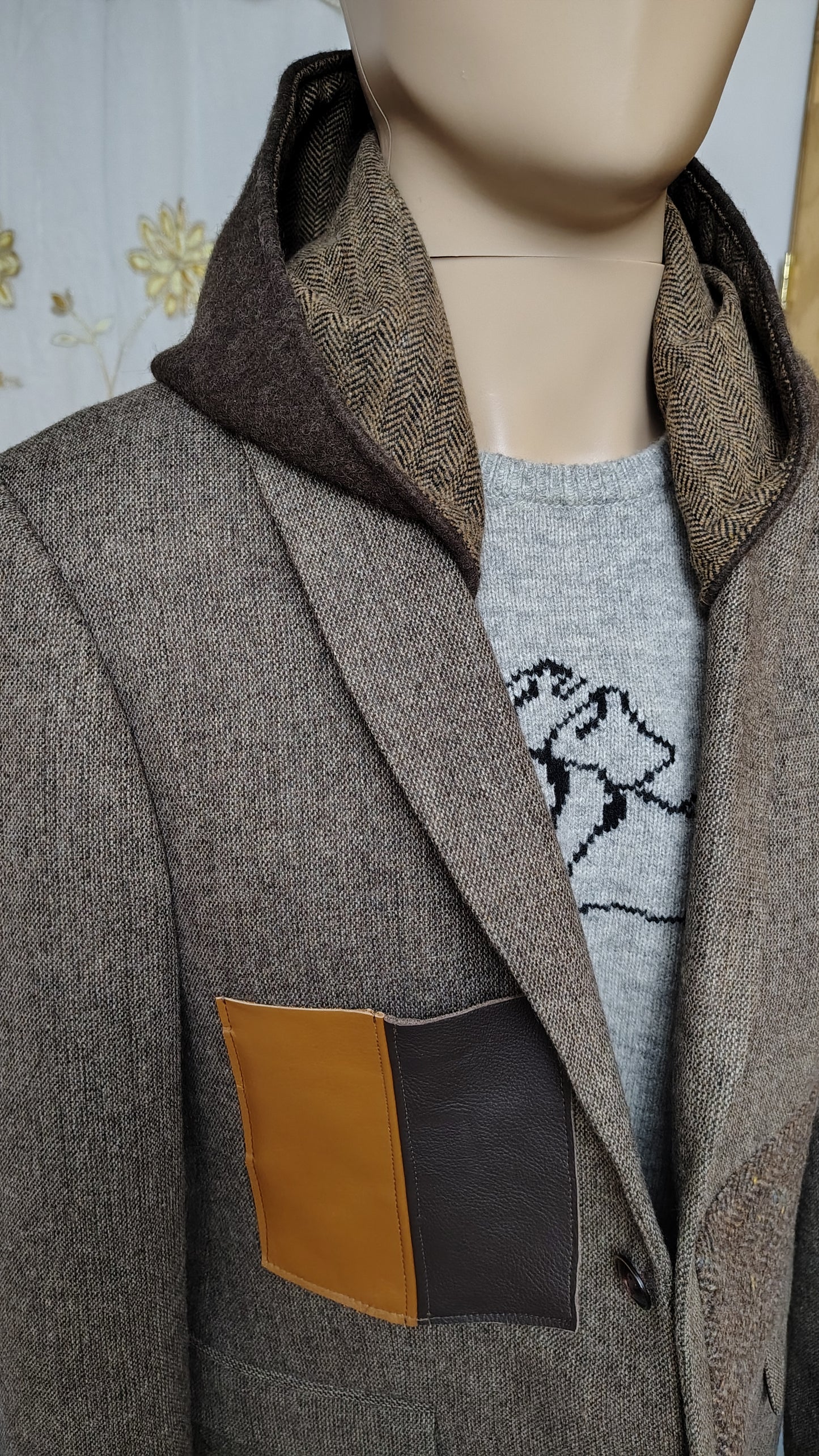 Taupe wool blazer with hood, Size 38 long wool jacket, wool jacket, leather pocket,Mens, repurposed, one of a kind. Designed by Wendel Johnston