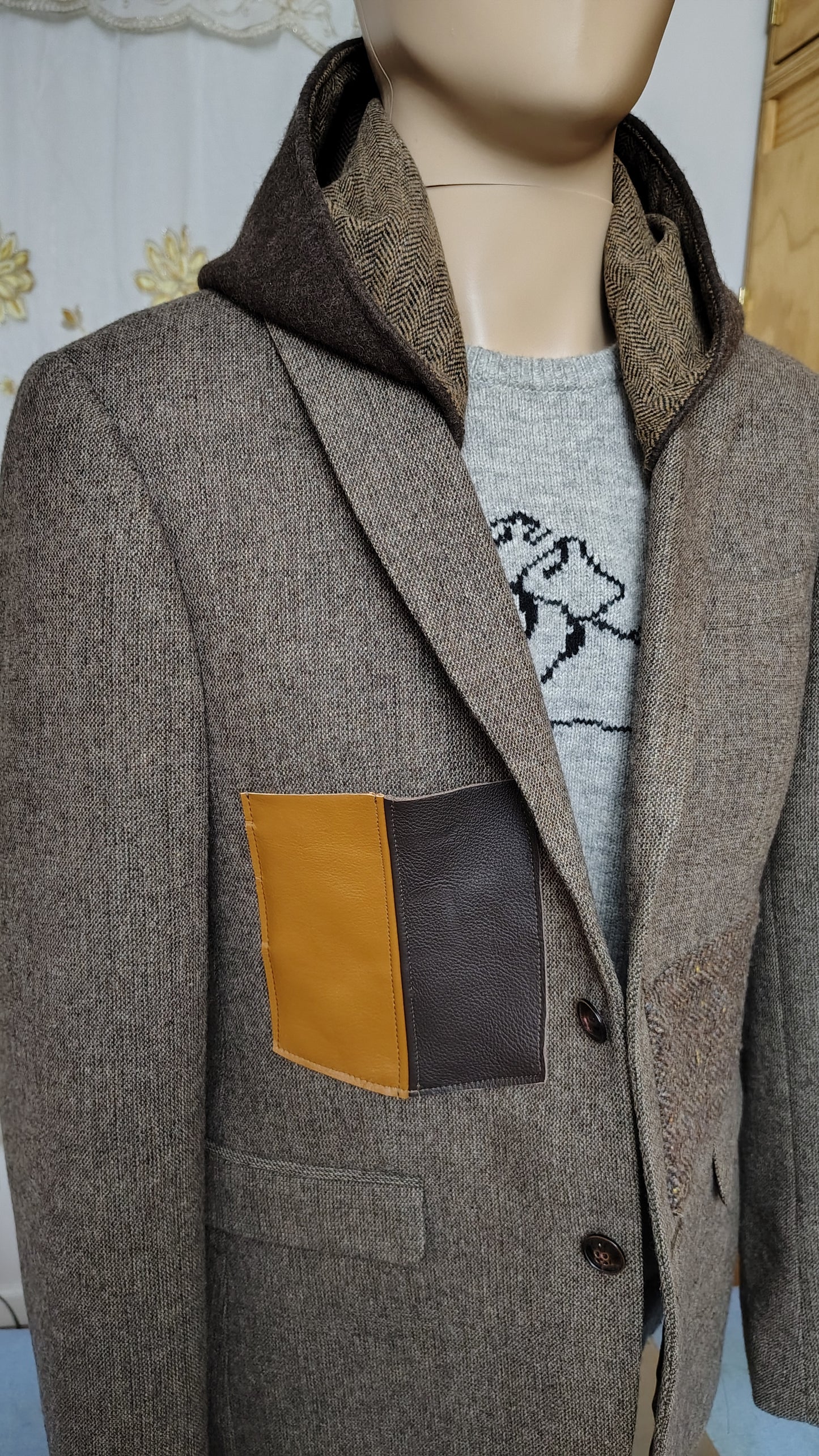 Taupe wool blazer with hood, Size 38 long wool jacket, wool jacket, leather pocket,Mens, repurposed, one of a kind. Designed by Wendel Johnston