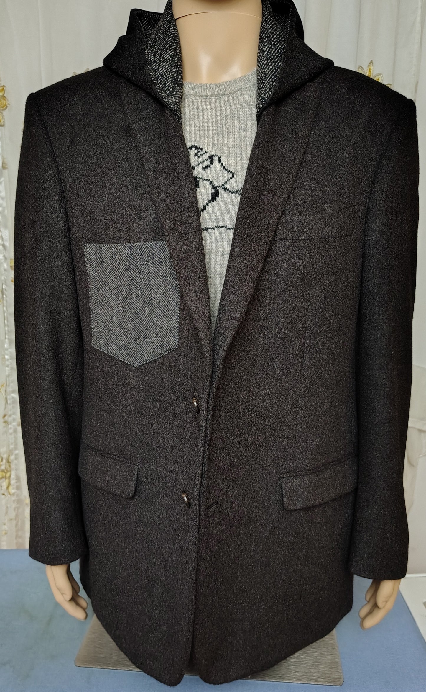 Black camel hair wool blazer with hood, Size 46 long wool jacket, wool jacket, Mens, repurposed, one of a kind. Designed by Wendel Johnston