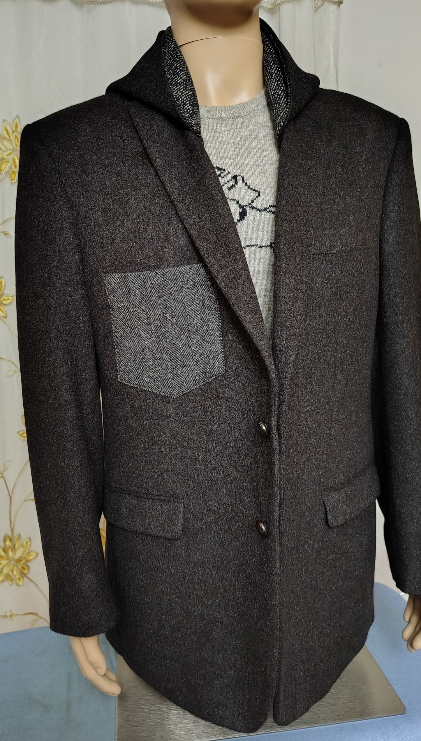 Black camel hair wool blazer with hood, Size 46 long wool jacket, wool jacket, Mens, repurposed, one of a kind. Designed by Wendel Johnston
