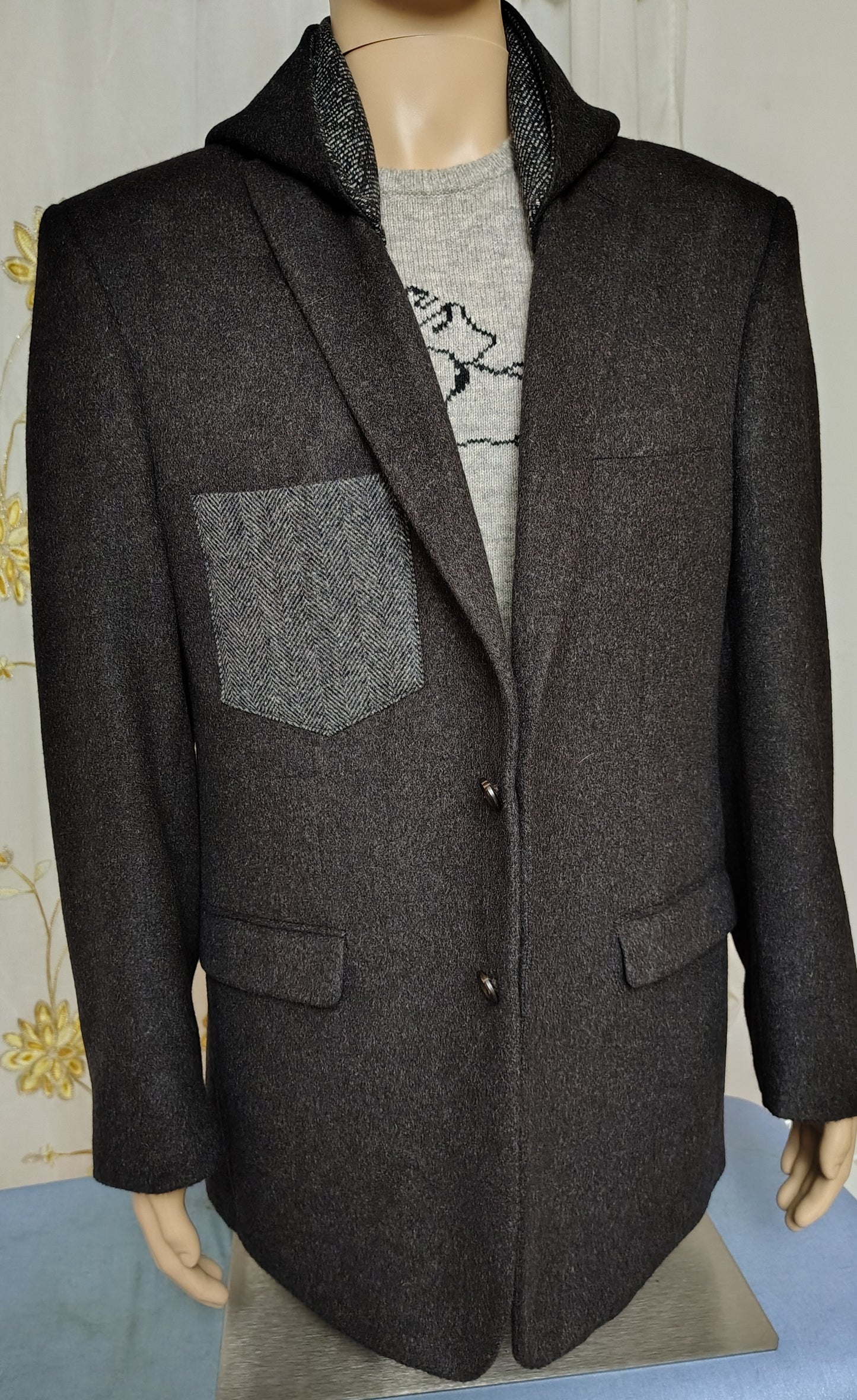 Black camel hair wool blazer with hood, Size 46 long wool jacket, wool jacket, Mens, repurposed, one of a kind. Designed by Wendel Johnston