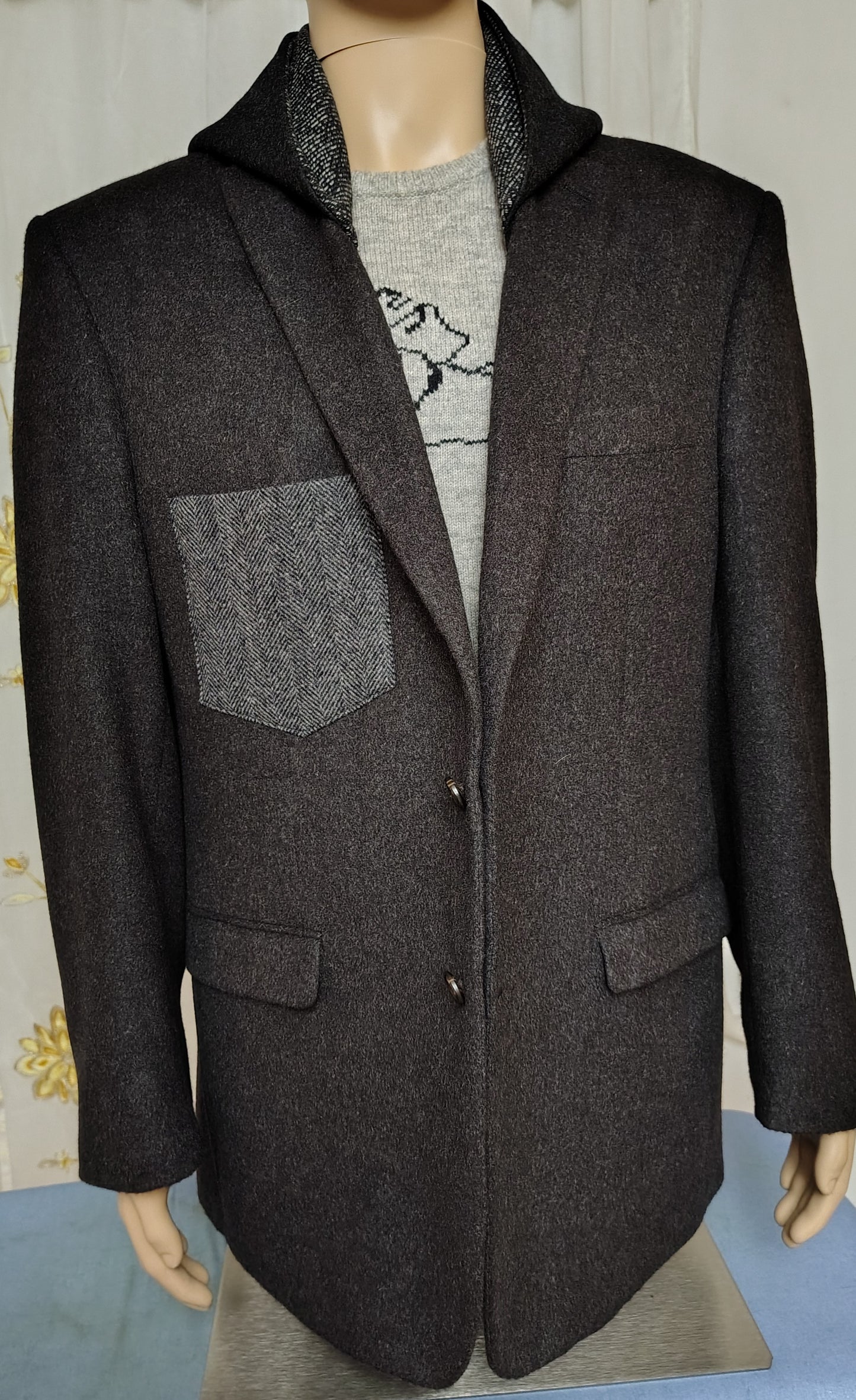 Black camel hair wool blazer with hood, Size 46 long wool jacket, wool jacket, Mens, repurposed, one of a kind. Designed by Wendel Johnston