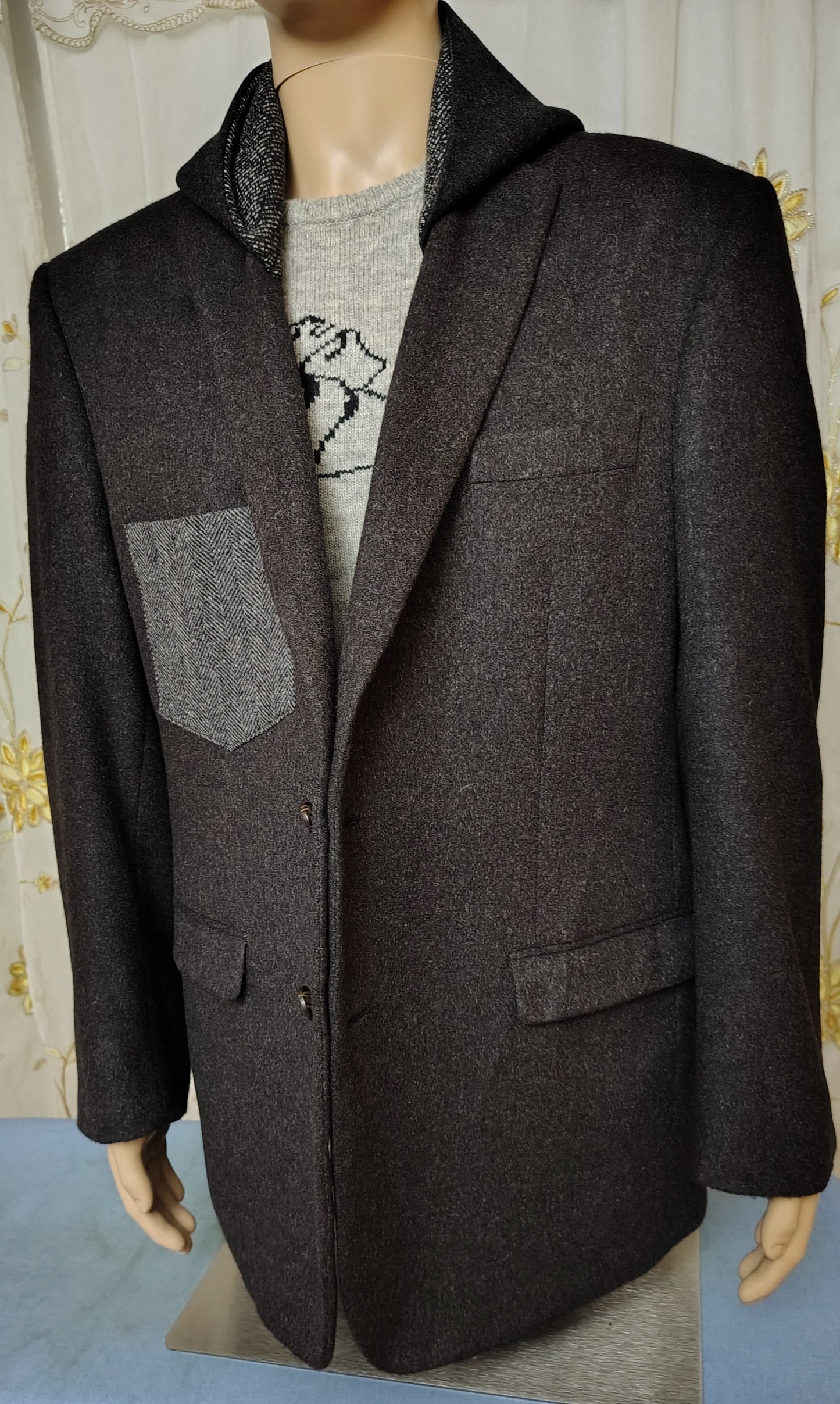 Black camel hair wool blazer with hood, Size 46 long wool jacket, wool jacket, Mens, repurposed, one of a kind. Designed by Wendel Johnston
