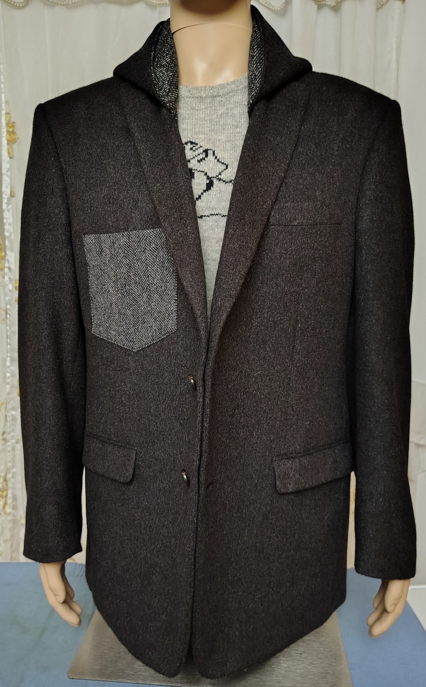 Black camel hair wool blazer with hood, Size 46 long wool jacket, wool jacket, Mens, repurposed, one of a kind. Designed by Wendel Johnston