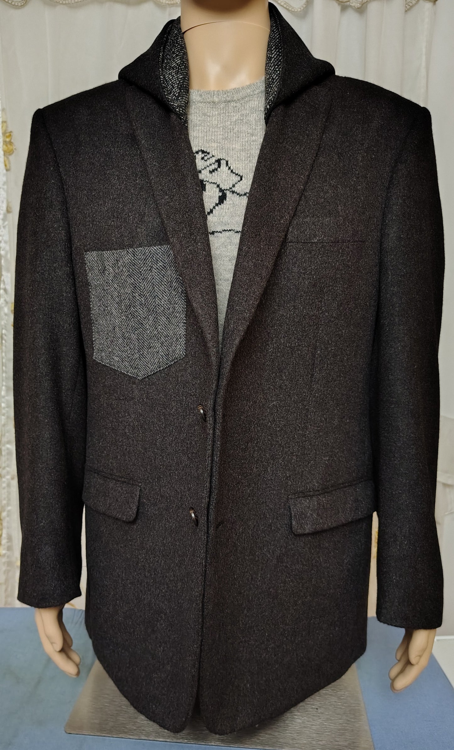 Black camel hair wool blazer with hood, Size 46 long wool jacket, wool jacket, Mens, repurposed, one of a kind. Designed by Wendel Johnston