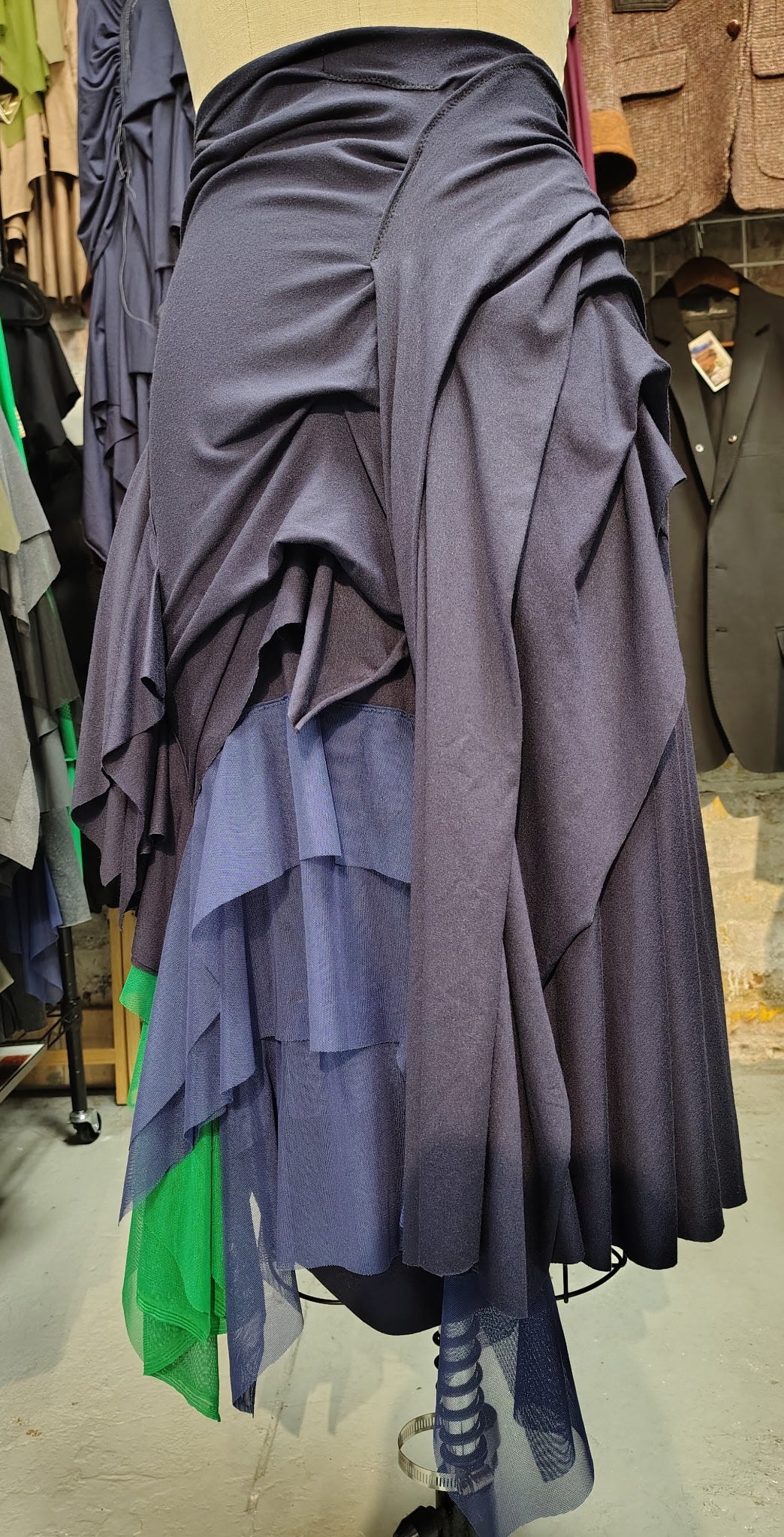 Dance with me: Ready to buy, size 10 Navy fun skirt in rayon jersey and fun color mesh. Lots of details, ruching and draping.
