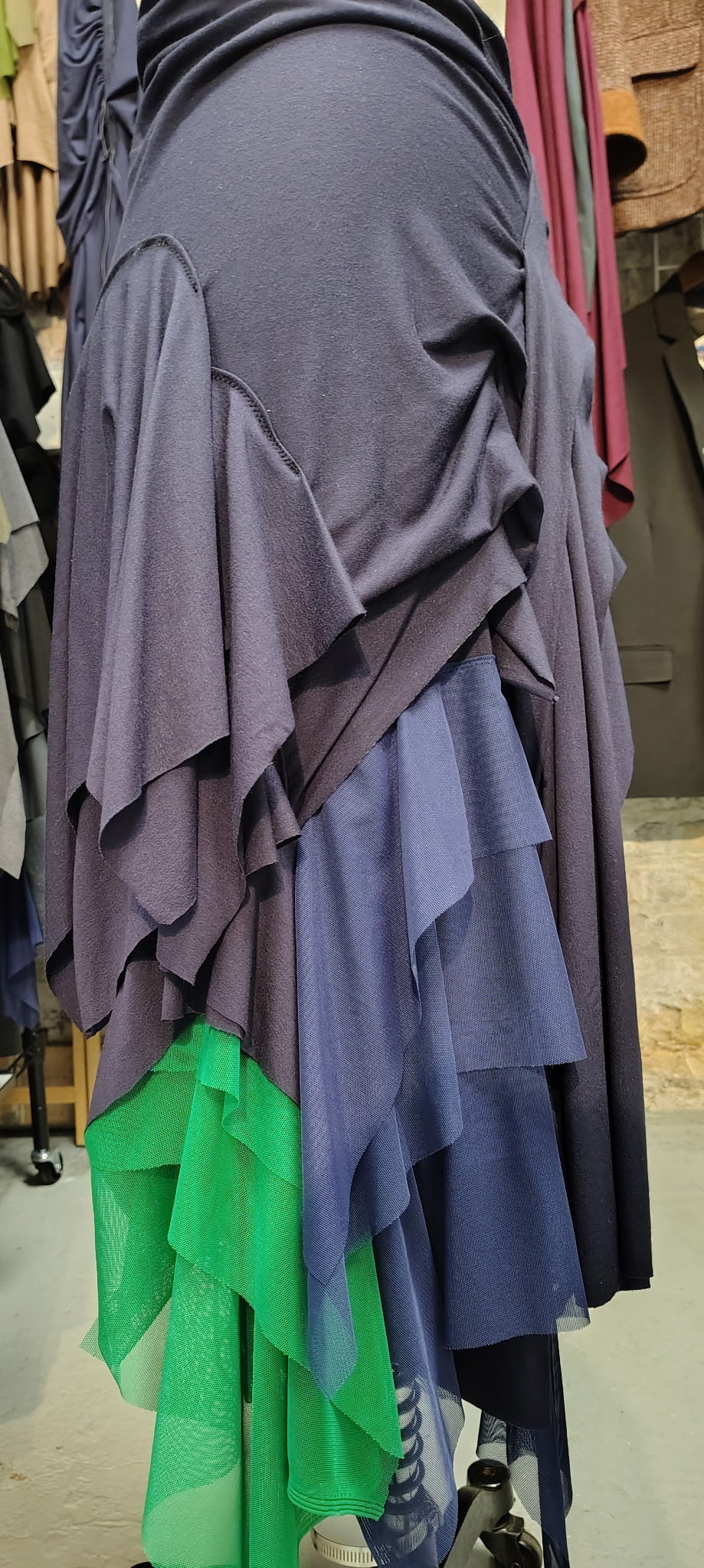 Dance with me: Ready to buy, size 10 Navy fun skirt in rayon jersey and fun color mesh. Lots of details, ruching and draping.