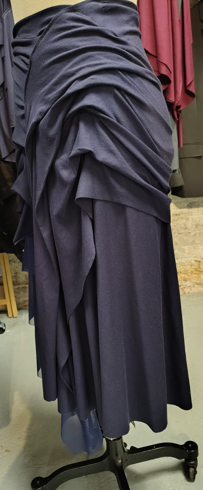 Dance with me: Ready to buy, size 10 Navy fun skirt in rayon jersey and fun color mesh. Lots of details, ruching and draping.