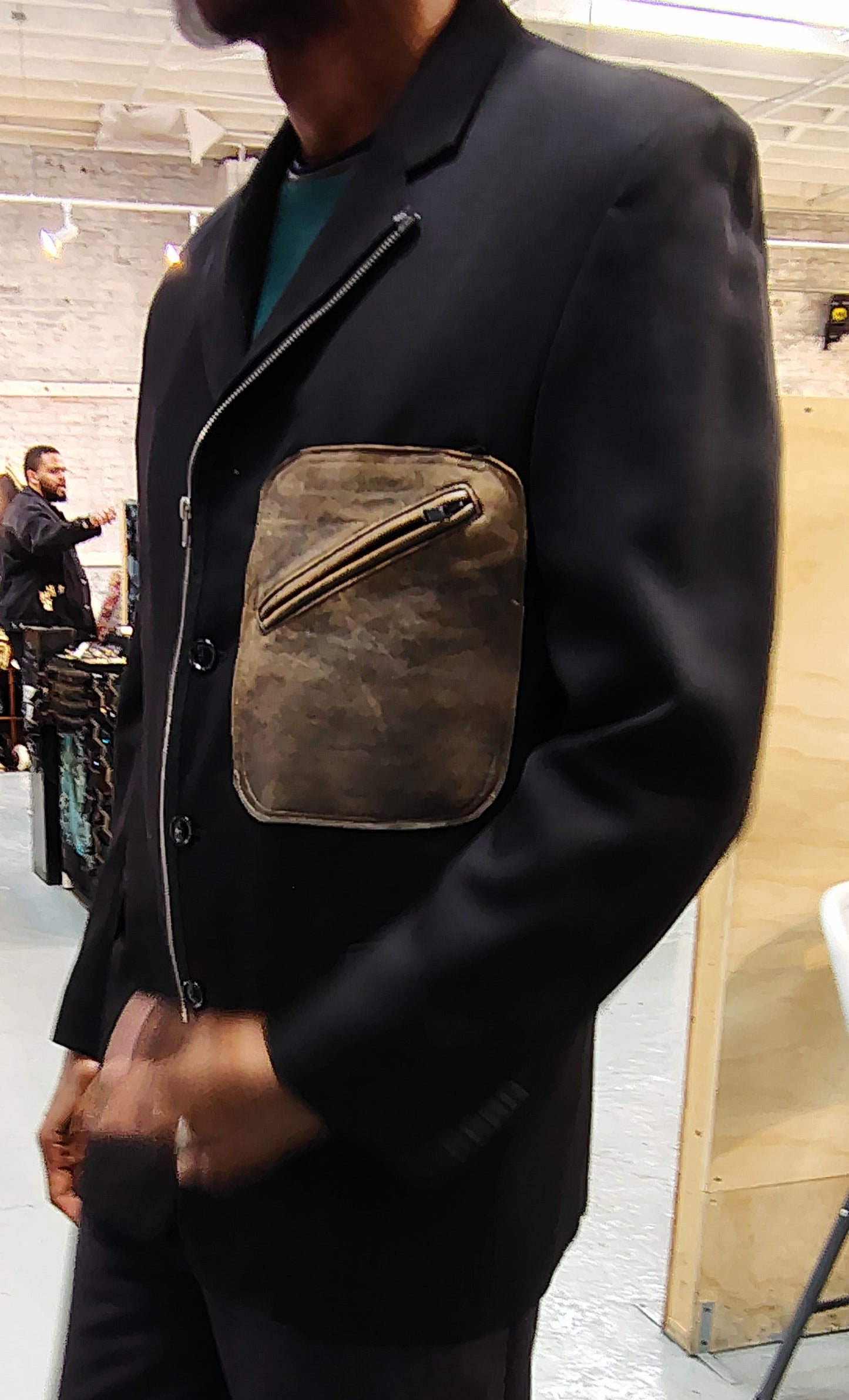 Black wool jacket,leather pocket,Blazer, Size 42, zipper ,jacket, repurposed, one of a kind. by Wendel Johnston