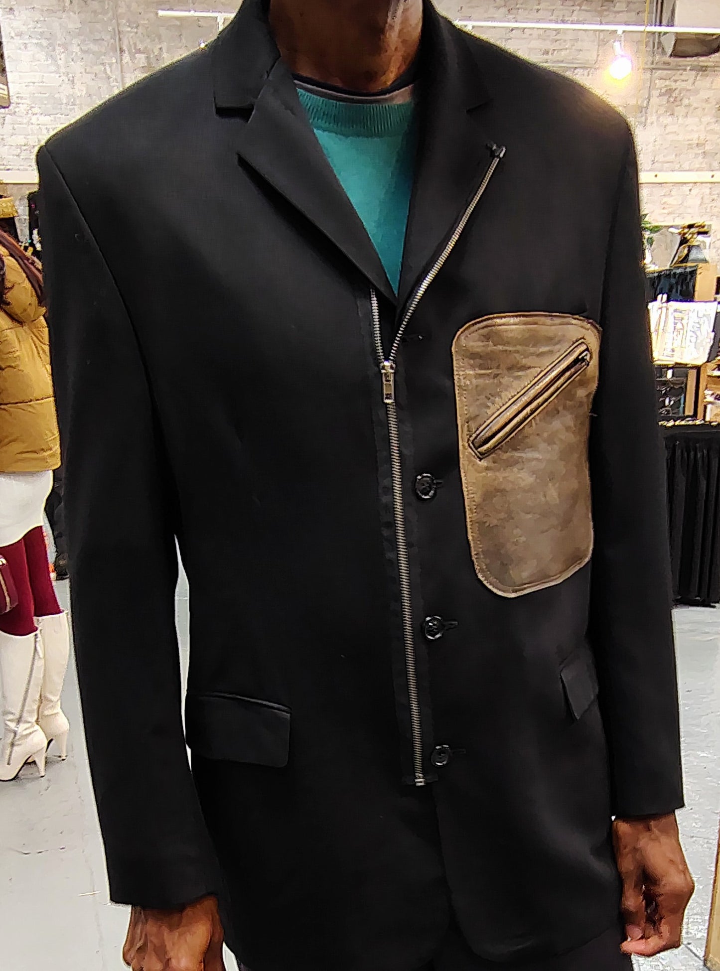 Black wool jacket,leather pocket,Blazer, Size 42, zipper ,jacket, repurposed, one of a kind. by Wendel Johnston