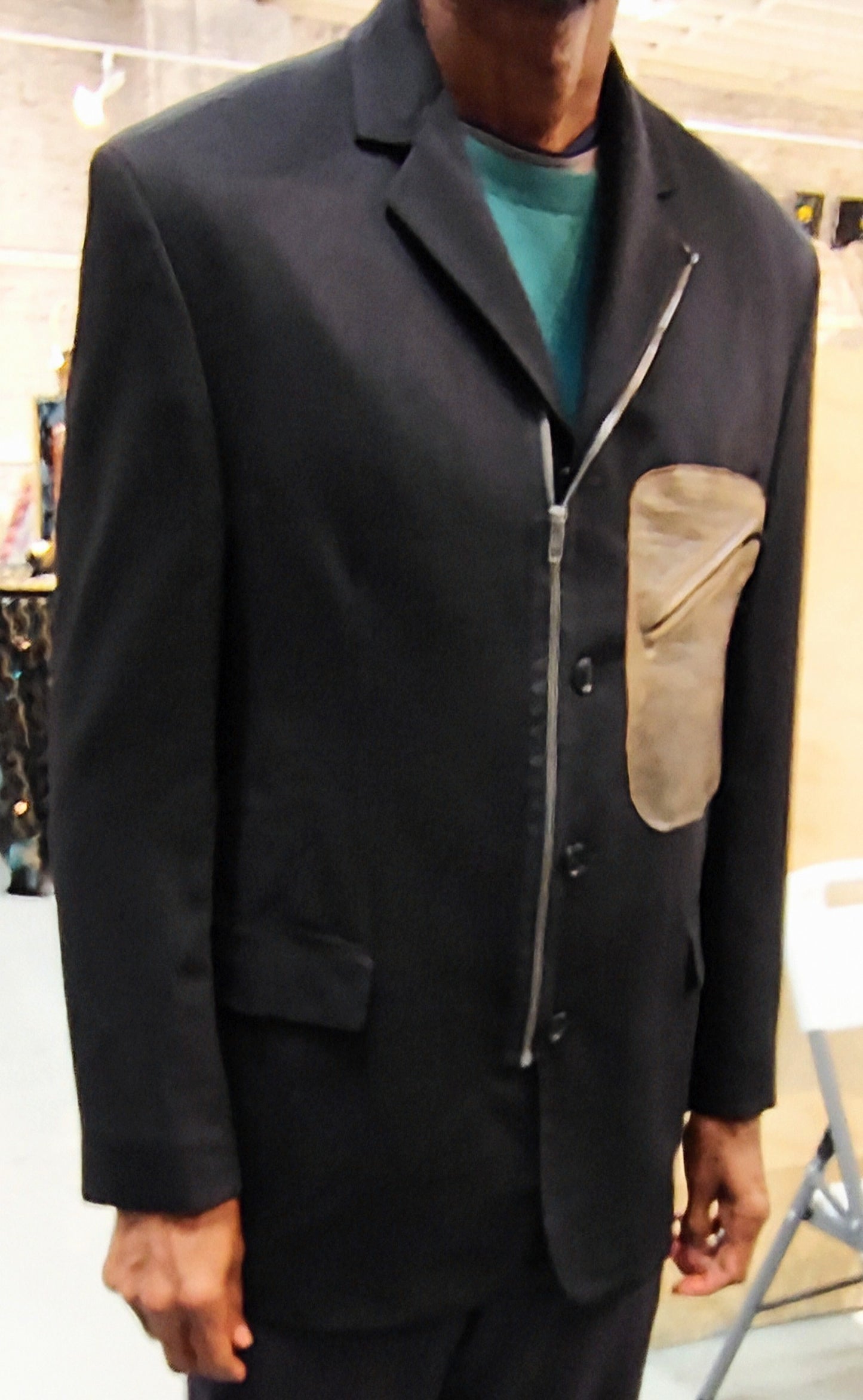 Black wool jacket,leather pocket,Blazer, Size 42, zipper ,jacket, repurposed, one of a kind. by Wendel Johnston
