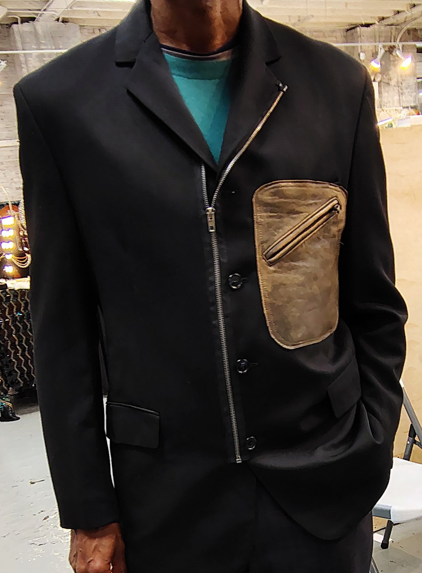 Black wool jacket,leather pocket,Blazer, Size 42, zipper ,jacket, repurposed, one of a kind. by Wendel Johnston