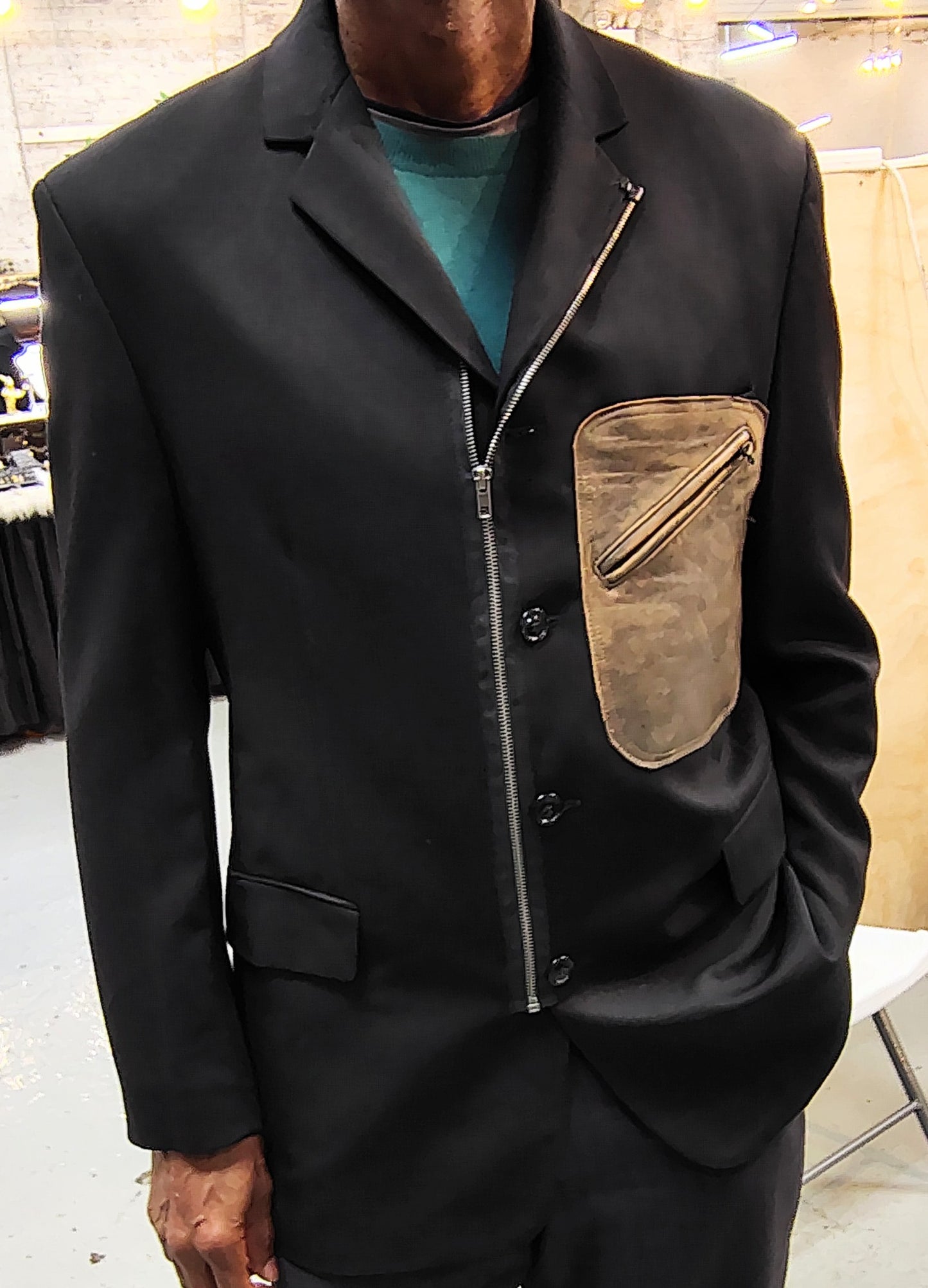 Black wool jacket,leather pocket,Blazer, Size 42, zipper ,jacket, repurposed, one of a kind. by Wendel Johnston