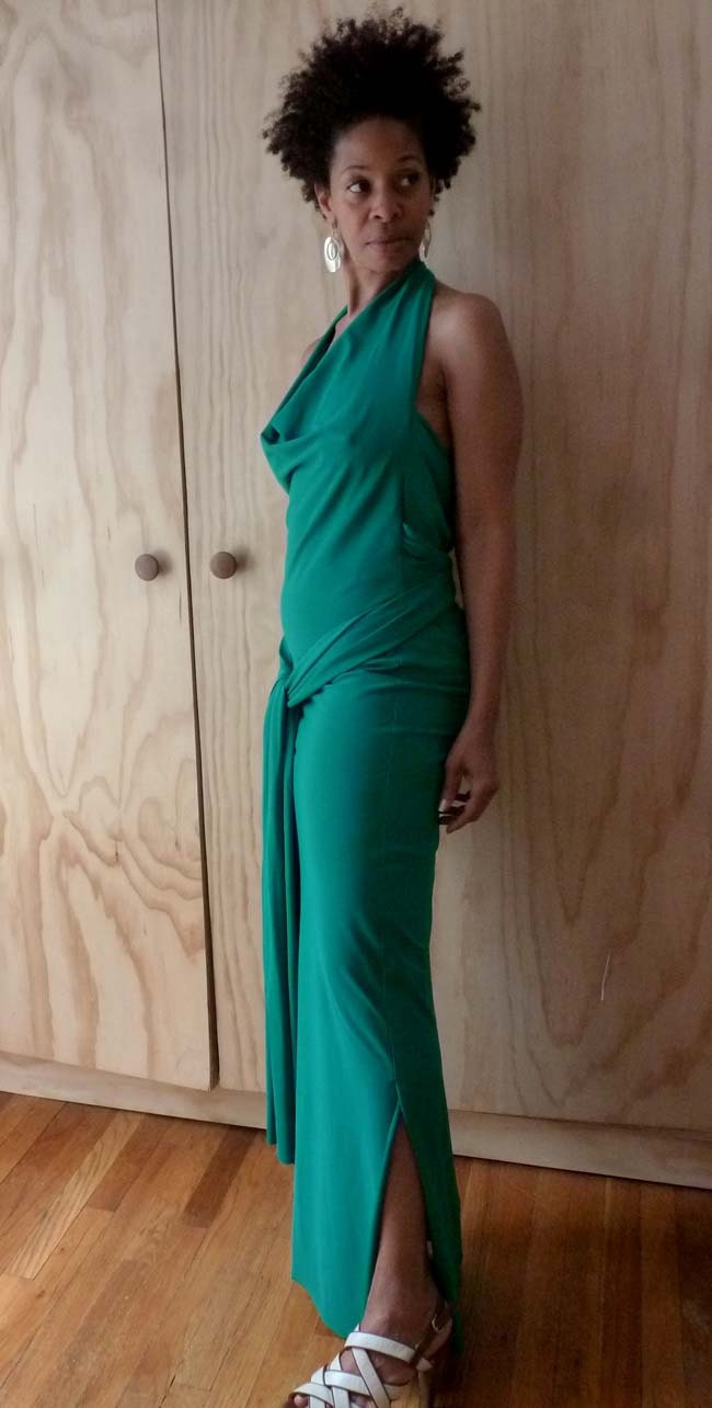 Kelly green spandex low back dress with cowl neck and drape tye