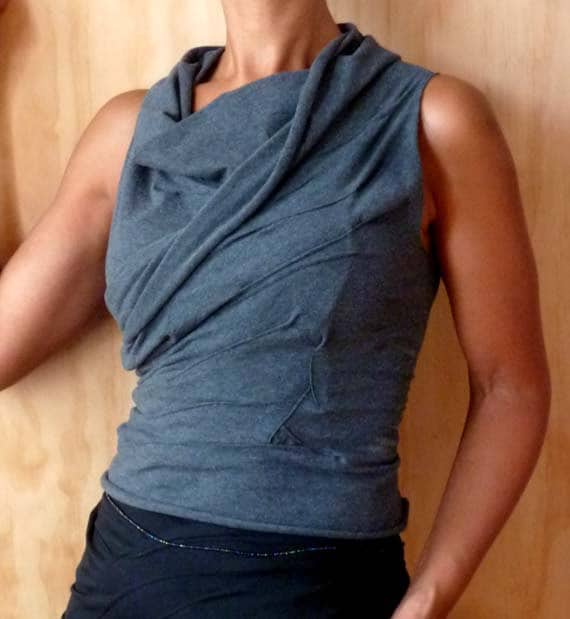Gray short cowl fitted top with stitch detail with raw edge