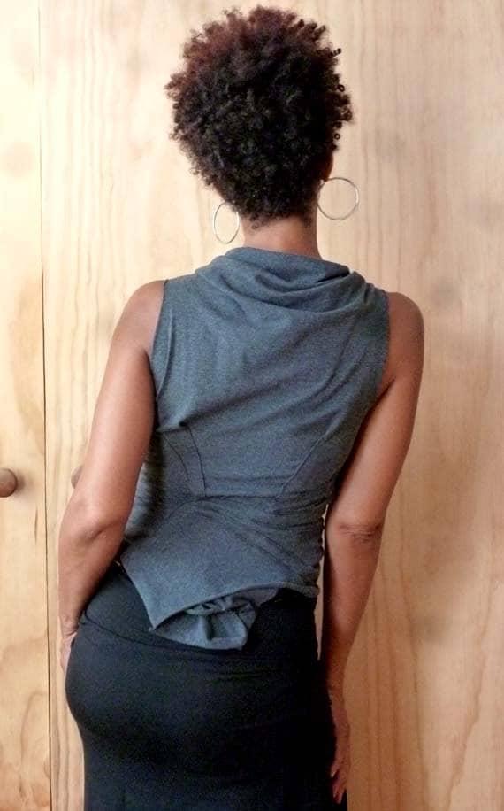 Gray short cowl fitted top with stitch detail with raw edge