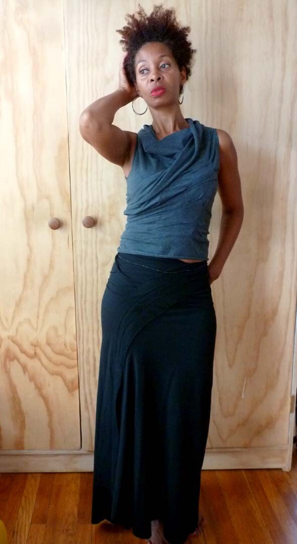 Gray short cowl fitted top with stitch detail with raw edge