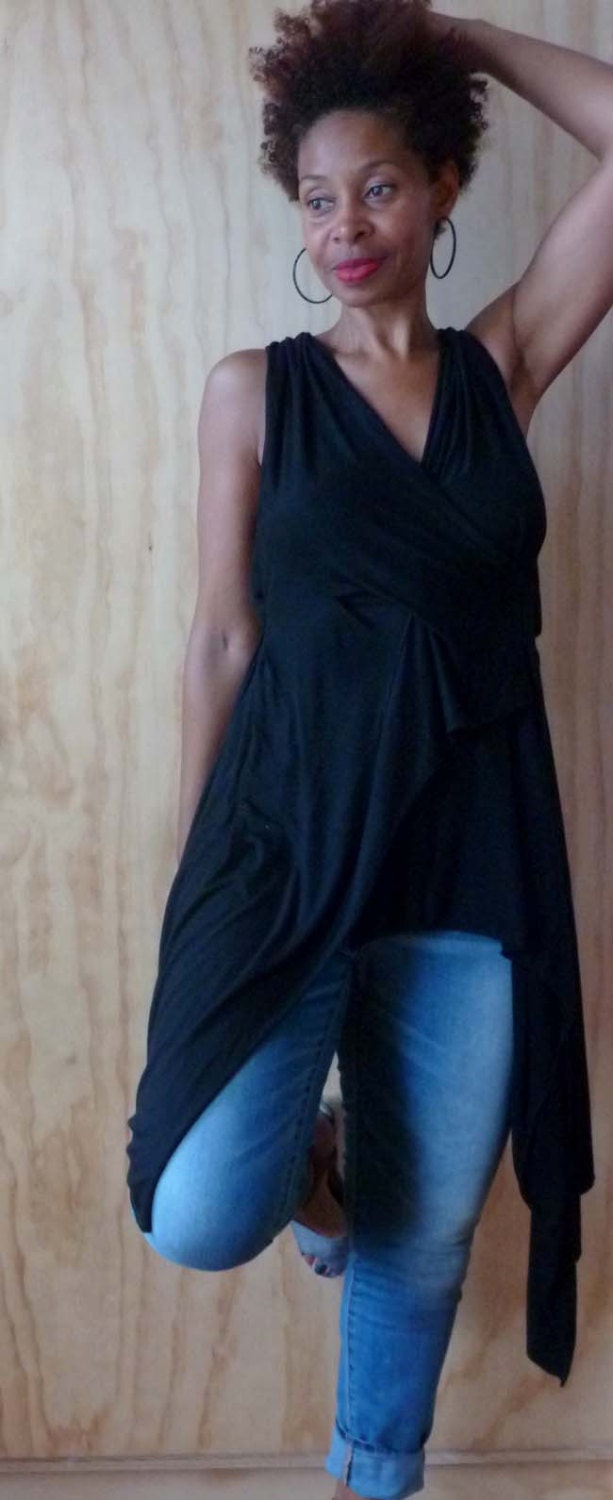 Black rayon lycra top drape top, hangs longer in the back with raw edge, waist fits for the curvy look, gothic drape top/drape blouse