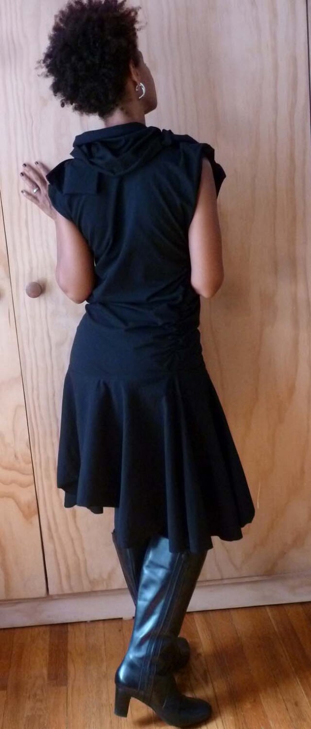 Black cotton spandex dress with flounce and high neck collar
