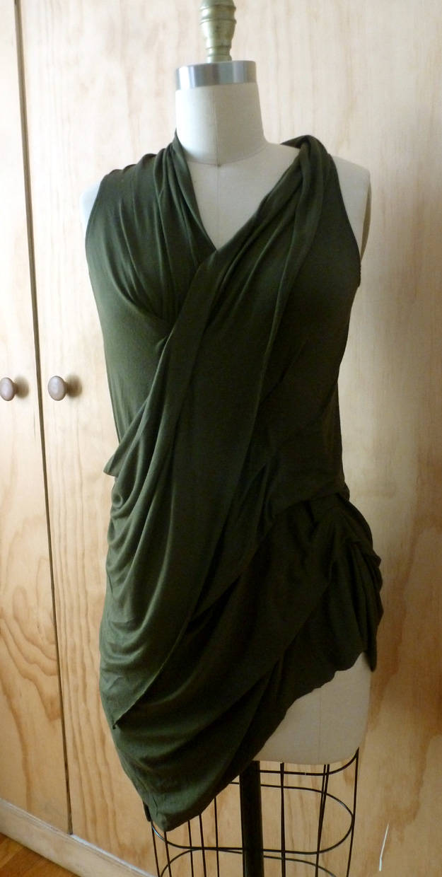 Dark olive green(color not available) v neck rayon jersey top with lots of draping details,sleeveless by Cheryl Johnston/all sizes