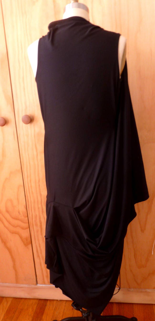 Black Long elegant drape tunic /exposed thigh on one side/ long top/ cotton rayon/ chic, evening top/custom made/ sleeveless/top with slit