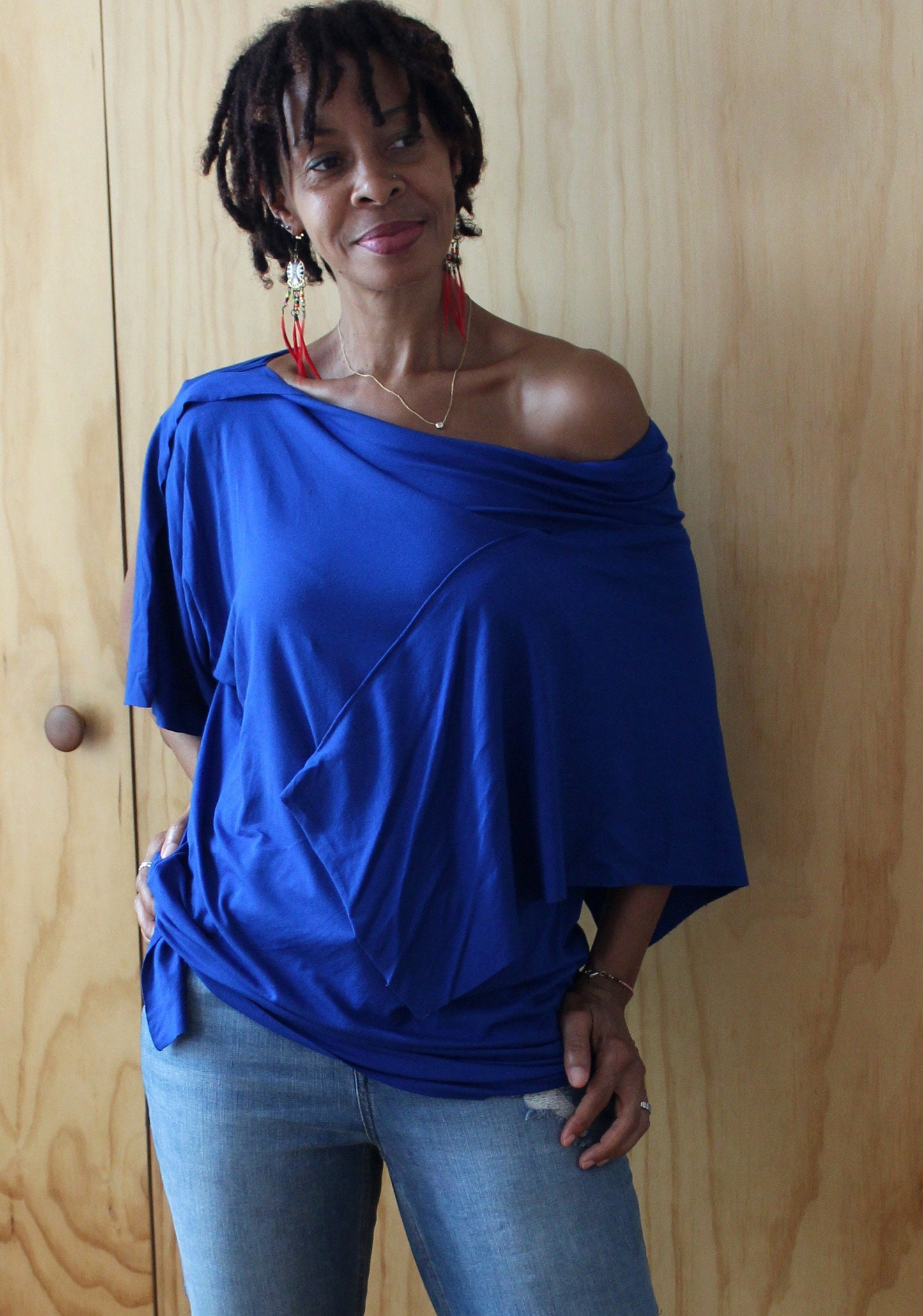 I'm here Royal Blue (color varies)rayon jersey top with drape sleeves