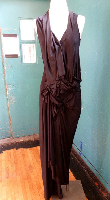 Black Deep V neck supplex jersey Gown with manipulation of fabric, lots of frontal draping,elegant, designed by Cheryl Johnston