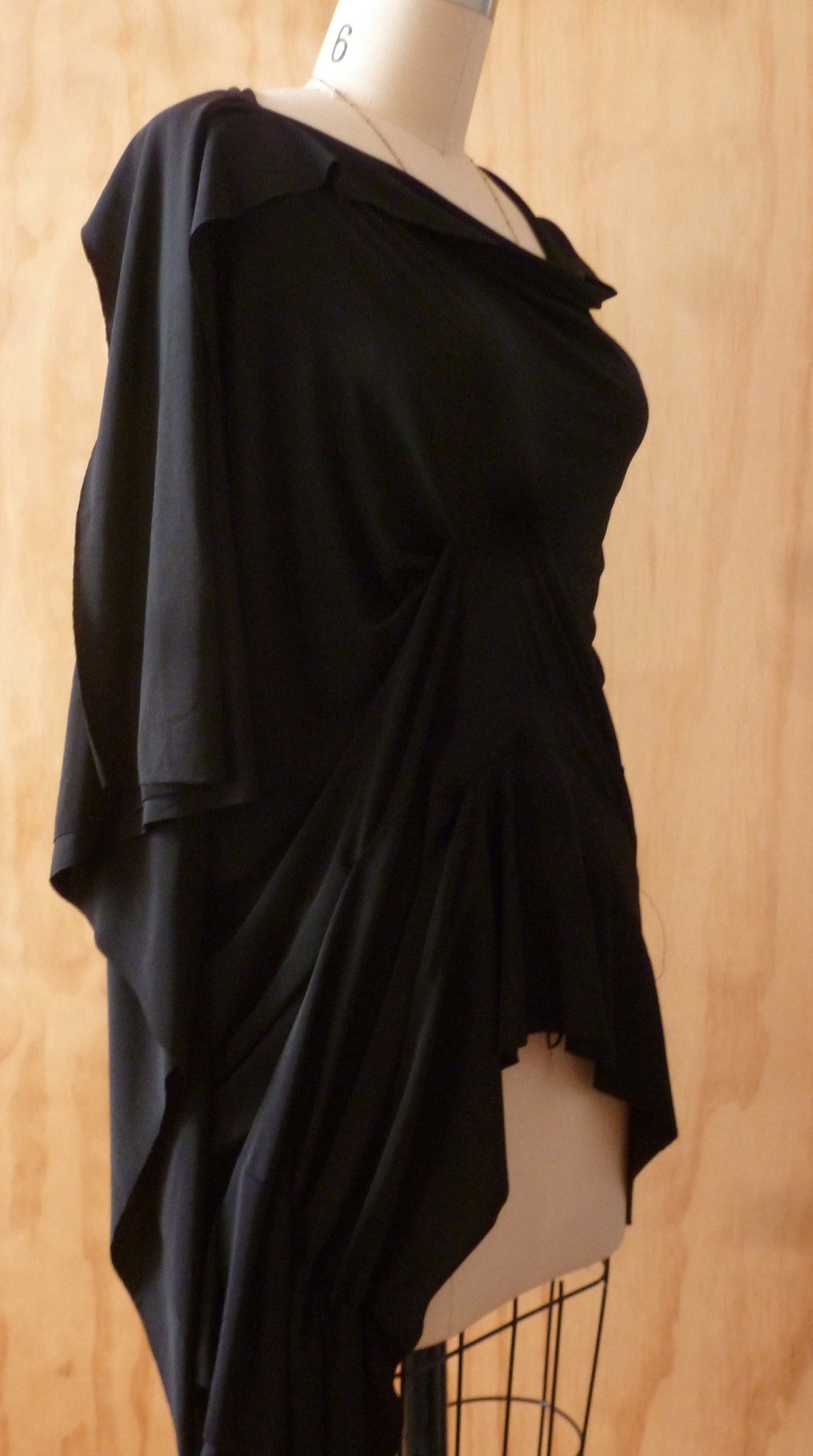 Black drape with fabric manipulation and details for a flowy beautiful top/handmade by Cheryl Johnston to fit you