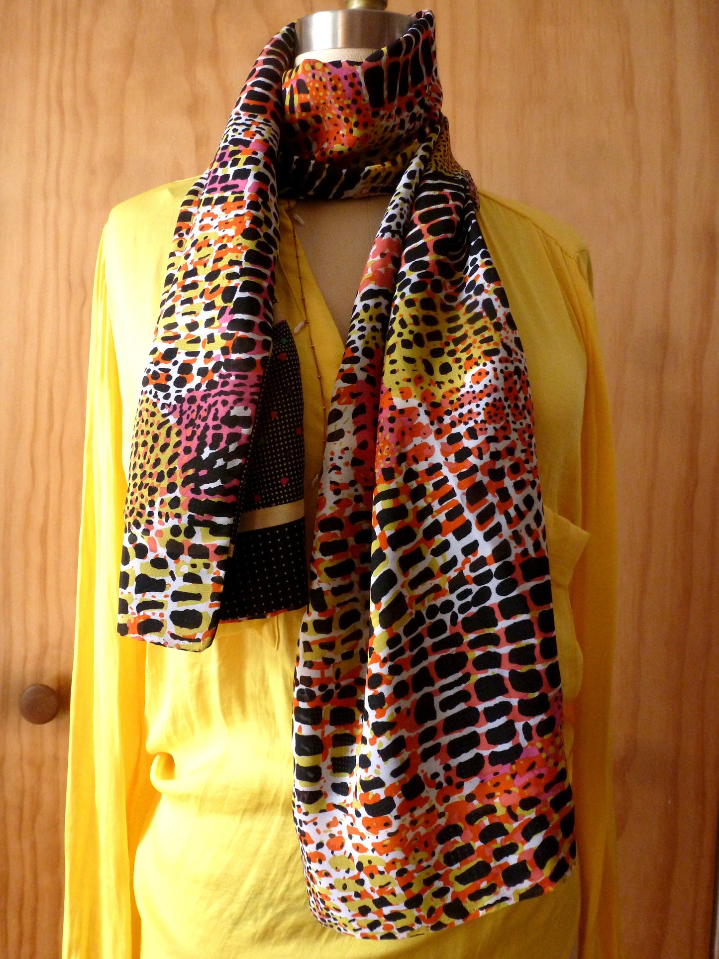 Colorful design print with lines ad colorful dots print 2 tone scarf 59"x11"