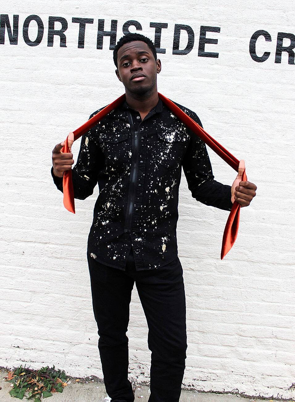 Upcycle black denim shirt with trimming on sleeves, snap fasteners and zipper front, Limited, sewing art