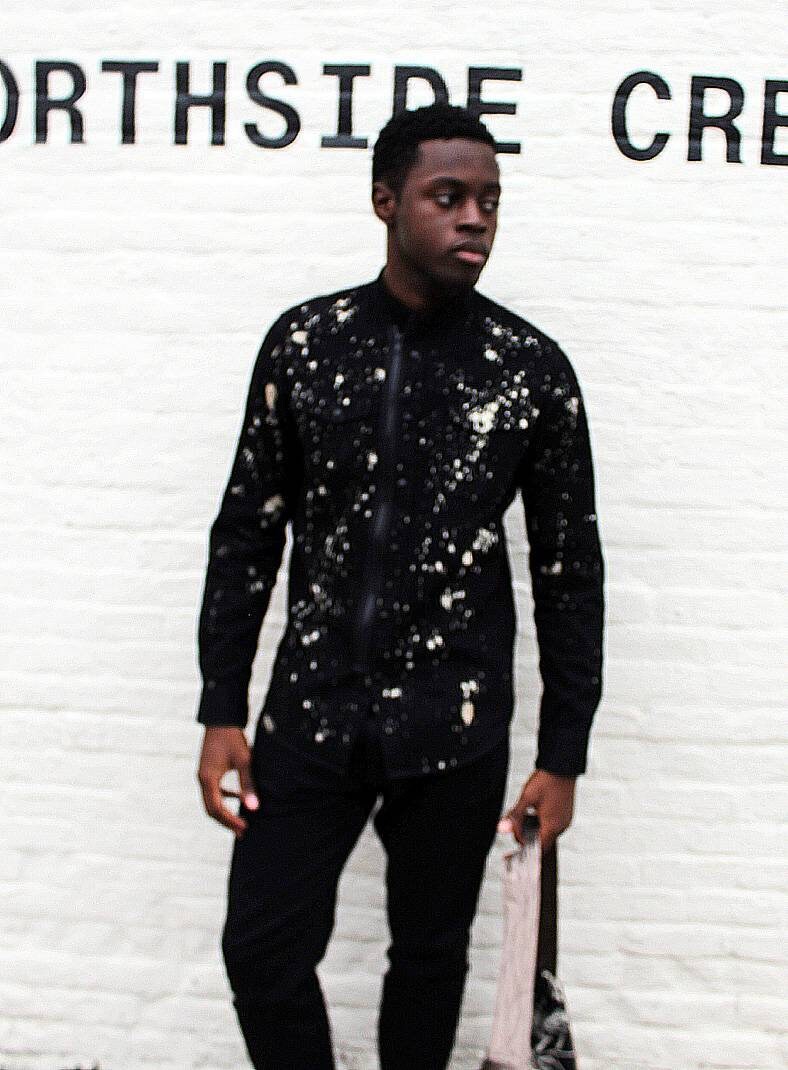 Upcycle black denim shirt with trimming on sleeves, snap fasteners and zipper front, Limited, sewing art