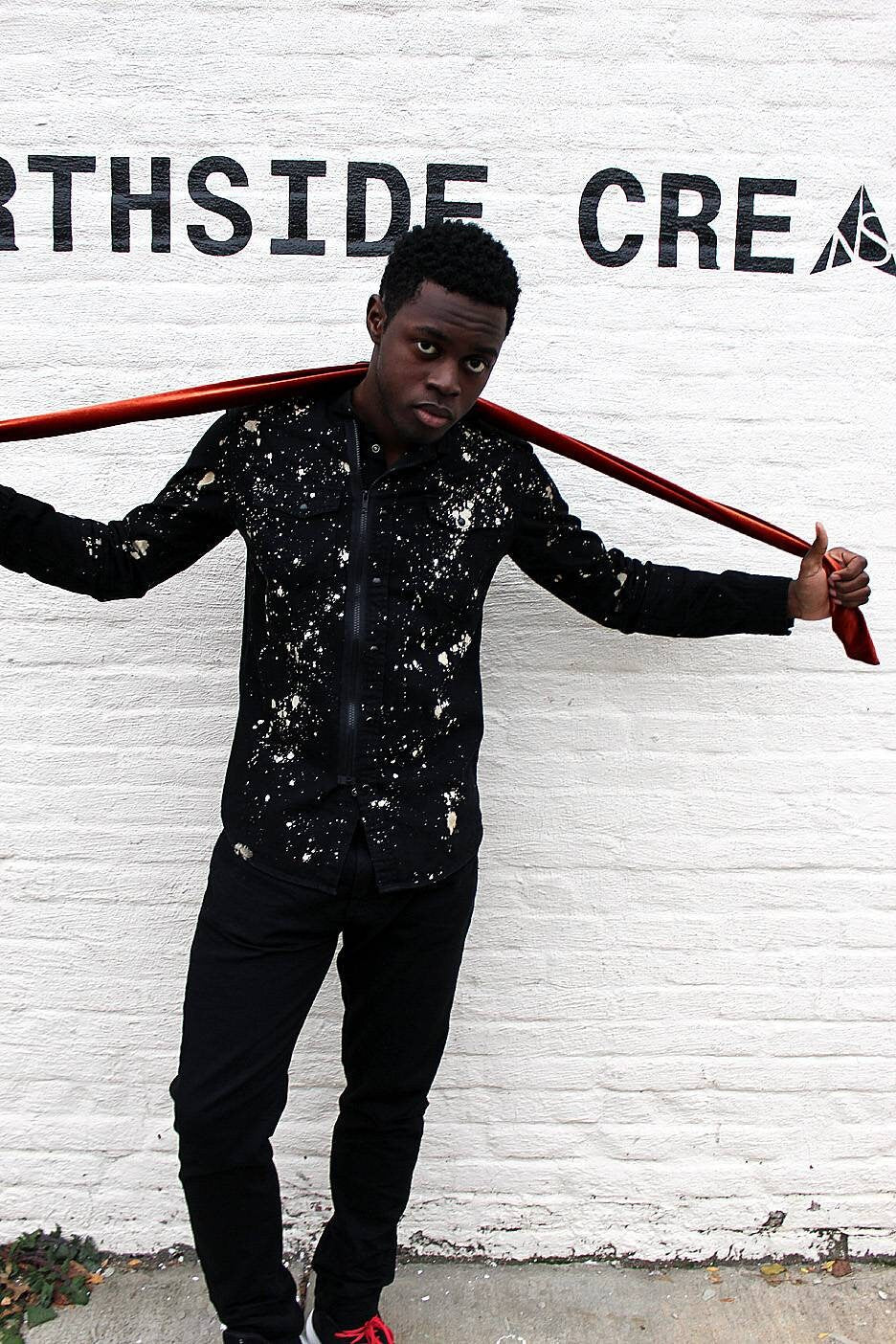 Upcycle black denim shirt with trimming on sleeves, snap fasteners and zipper front, Limited, sewing art